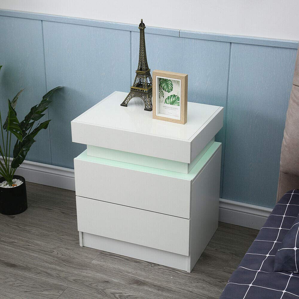Modern LED Nightstand with 2 Storage Drawers - White Bedside Table with Remote Control, Touch Sensor & USB Charging Port | Perfect for Bedroom, Living Room, Nursery & Small Spaces | Night Stand with Soft Glow Lighting for Convenience & Ambience