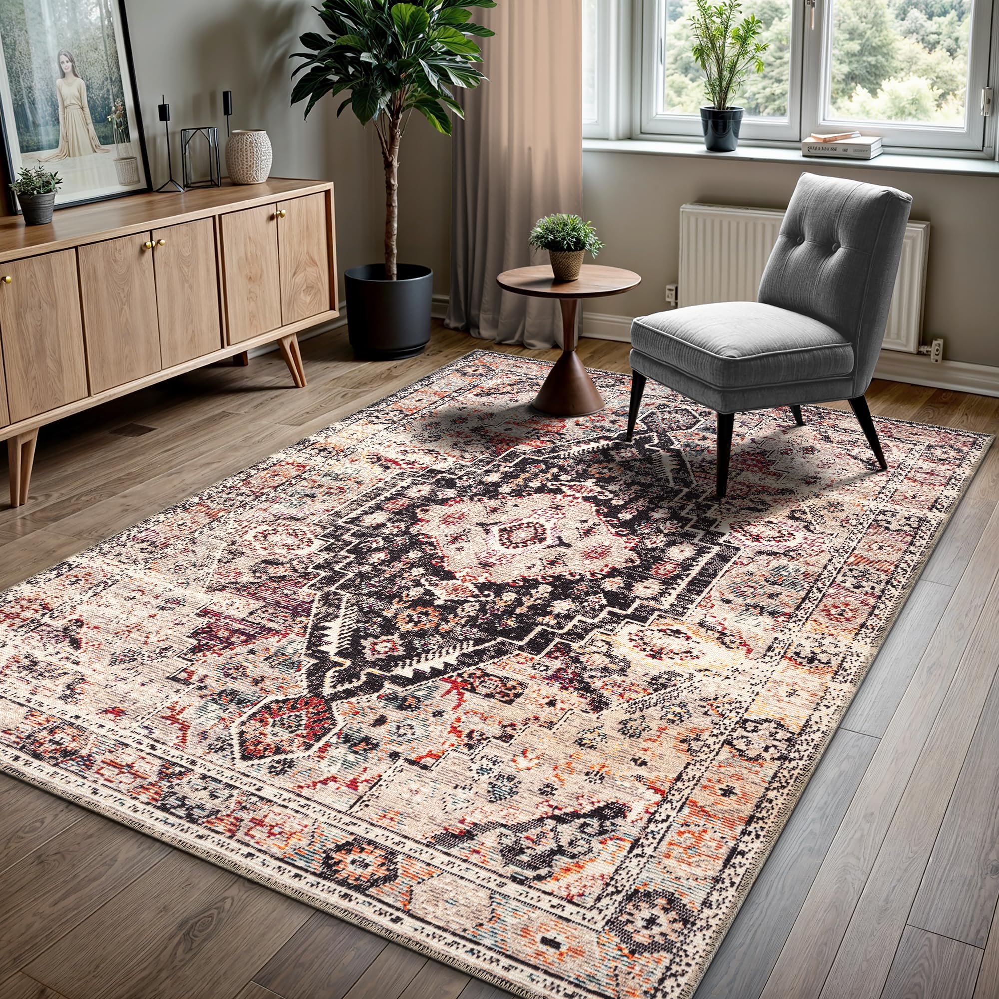GLN Rugs Vintage Collection - Machine Washable Non-Slip Low Pile Area Rug for Living Room, Bedroom & Bathroom - Easy Clean Multicolor Vintage Rug (9'5