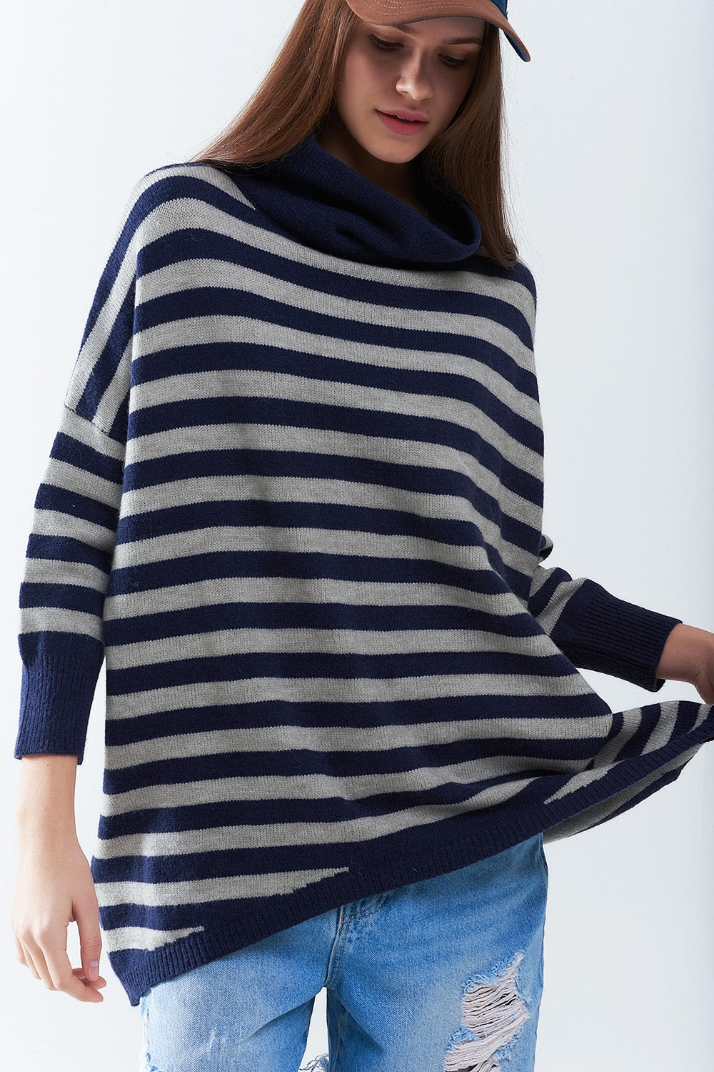 Oversized Batwing Sleeve High Neck Pullover Sweater in Navy Blue & Gray Stripes - Perfect for Casual Outfits, Layering, and Cold Weather Fashion
