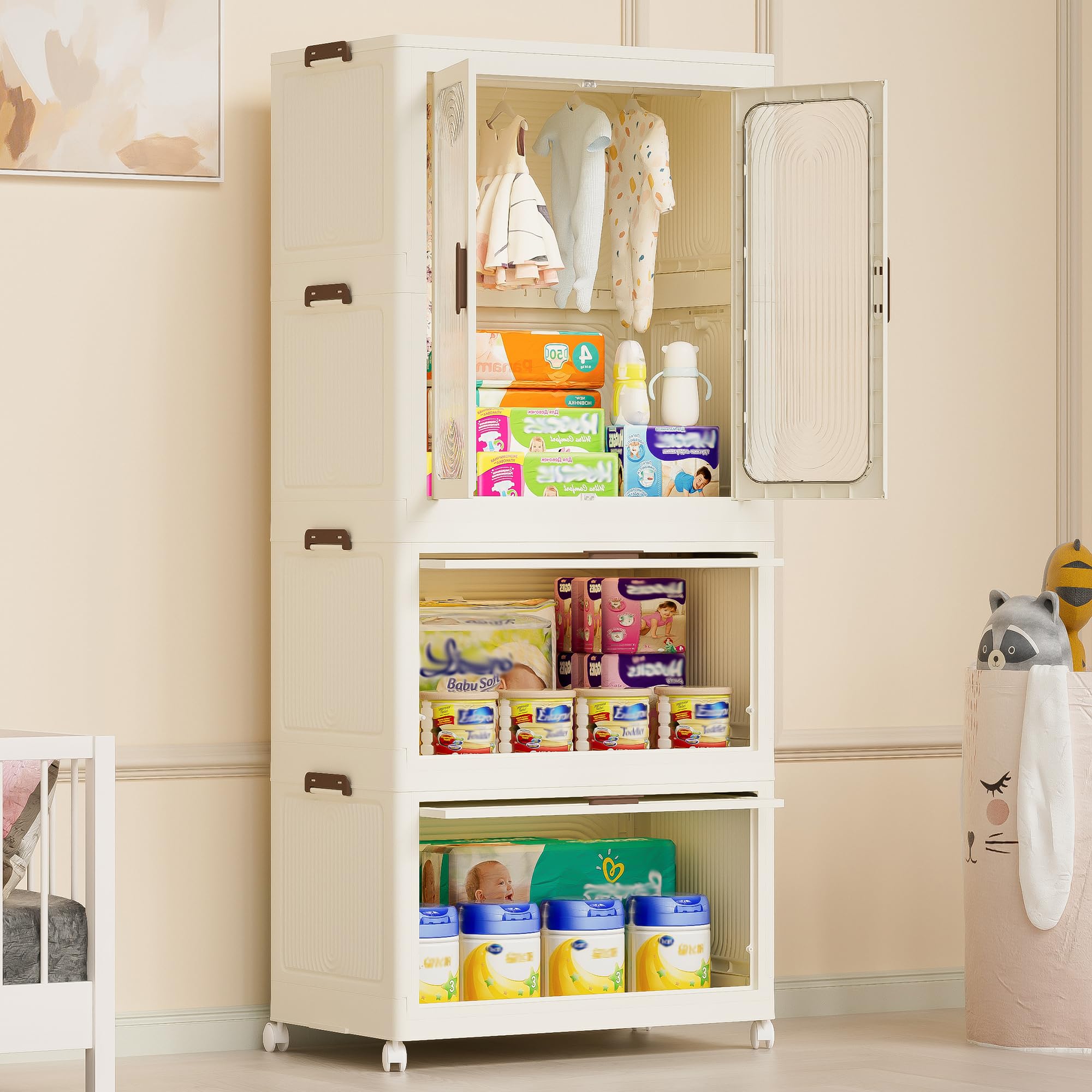 Portable Wardrobe Closet Organizer with Magnetic Doors - 4 Storage Cubes & Hanging Rod Included - 10 Bonus Hangers - Space-Saving Clothes Storage for Bedroom, Nursery, or Dorm - Perfect Baby Wardrobe Cabinet & Clothes Dresser for Small Spaces