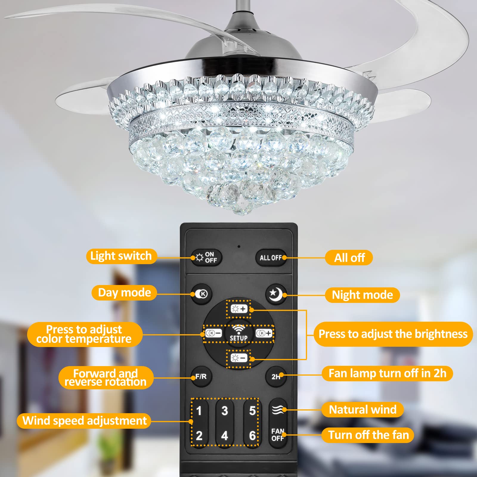 42 Inch Modern Crystal Ceiling Fan with Light & Remote Control - Dimmable Chandelier Fan, 6 Speed Settings, 4 Retractable ABS Blades - Perfect for Bedroom, Living Room, Dining Room & Home Office Decor
