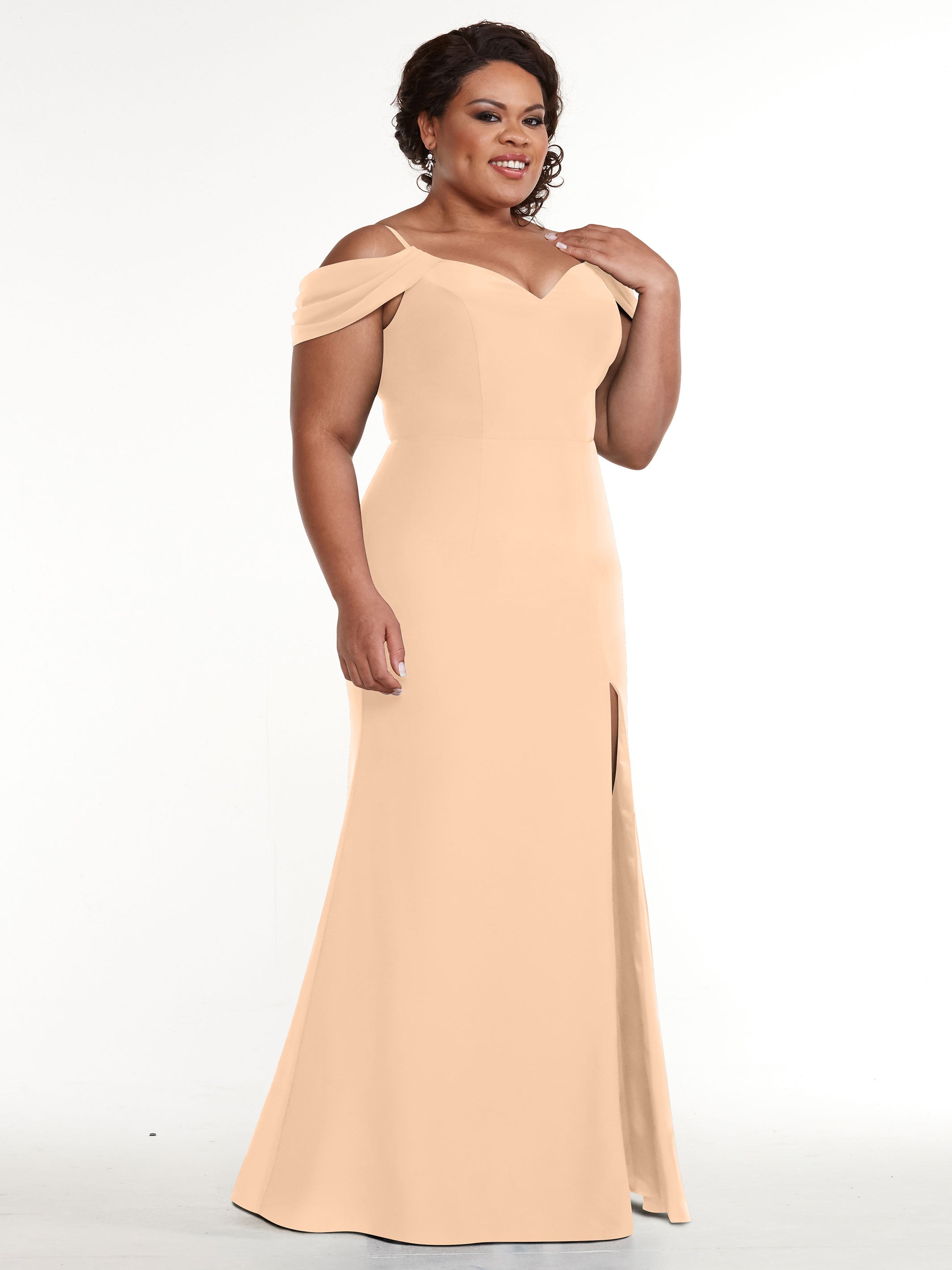 Elegant 83029 Fitted Stretch Chiffon Off-The-Shoulder Bridesmaid Dress with High Slit - Perfect for Weddings, Prom & Formal Events