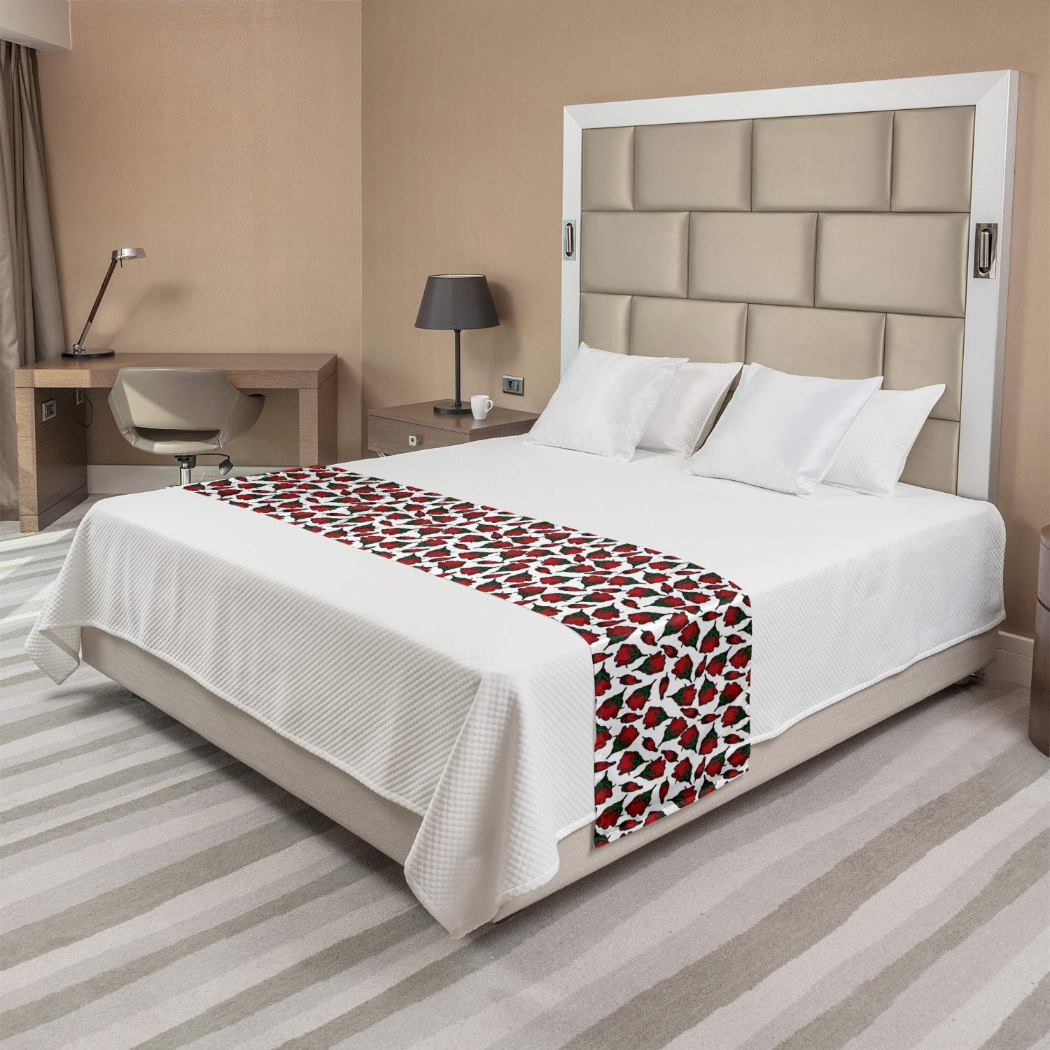 Ambesonne Roses Bed Runner - Floral Petals and Buds Print on Plain Backdrop, Valentine's Day Themed Decorative Bedding Scarf for Hotels, Homes & Guestrooms in Vermilion, Emerald & White | Perfect for Romantic Bedroom Decor, Wedding Accents & Luxury Hotel Styling