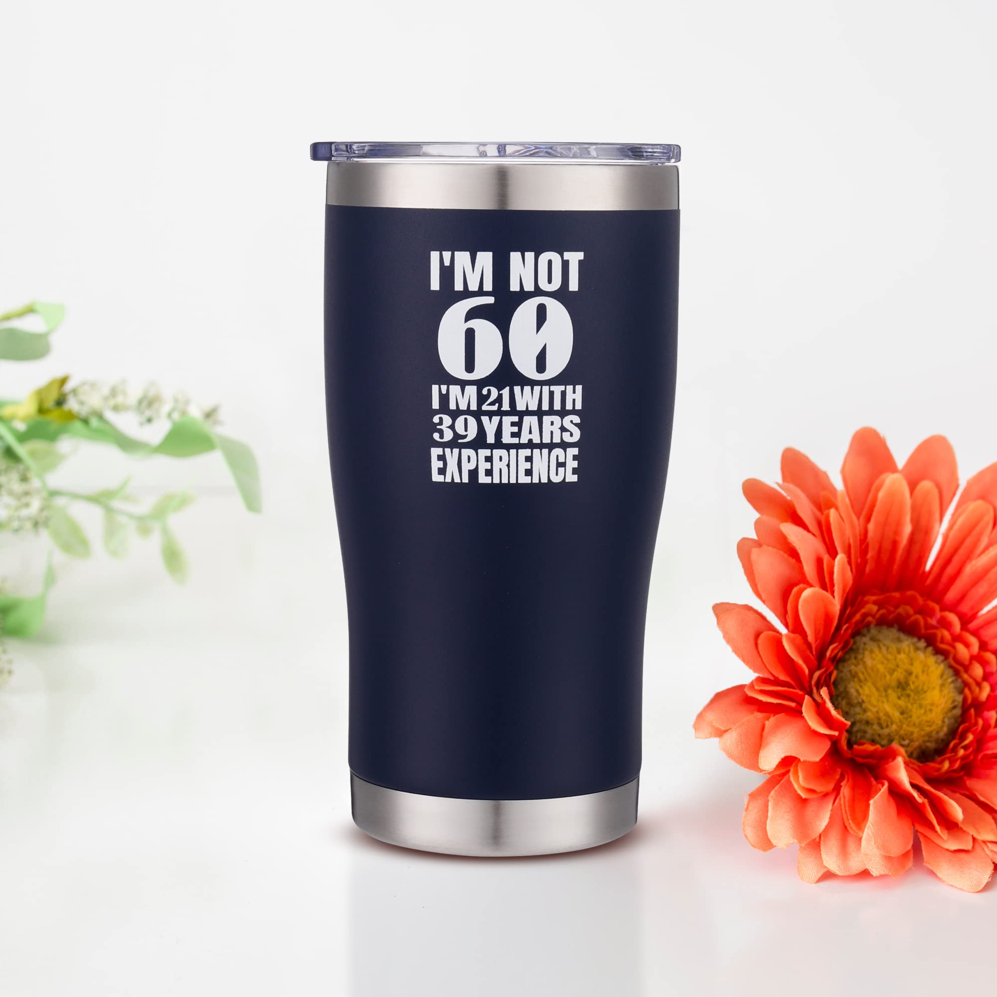Vacuum Insulated Stainless Steel Tumbler with Lid & Straw - 20oz Leakproof Travel Mug for Hot & Cold Drinks - Perfect 60th Birthday Gift for Men & Women (Navy Blue) - Ideal for Coffee, Tea, Hiking, Office & Outdoor Activities