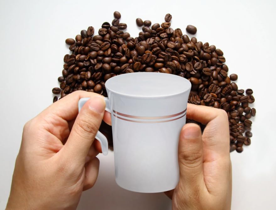 240-Pack Heavyweight Disposable 8 oz Plastic Coffee Cups with Handles - Wedding, Party, Cafe Drinkware (White & Rose Gold Rim) - Perfect for Bridal Showers, Office Events & Catering Services