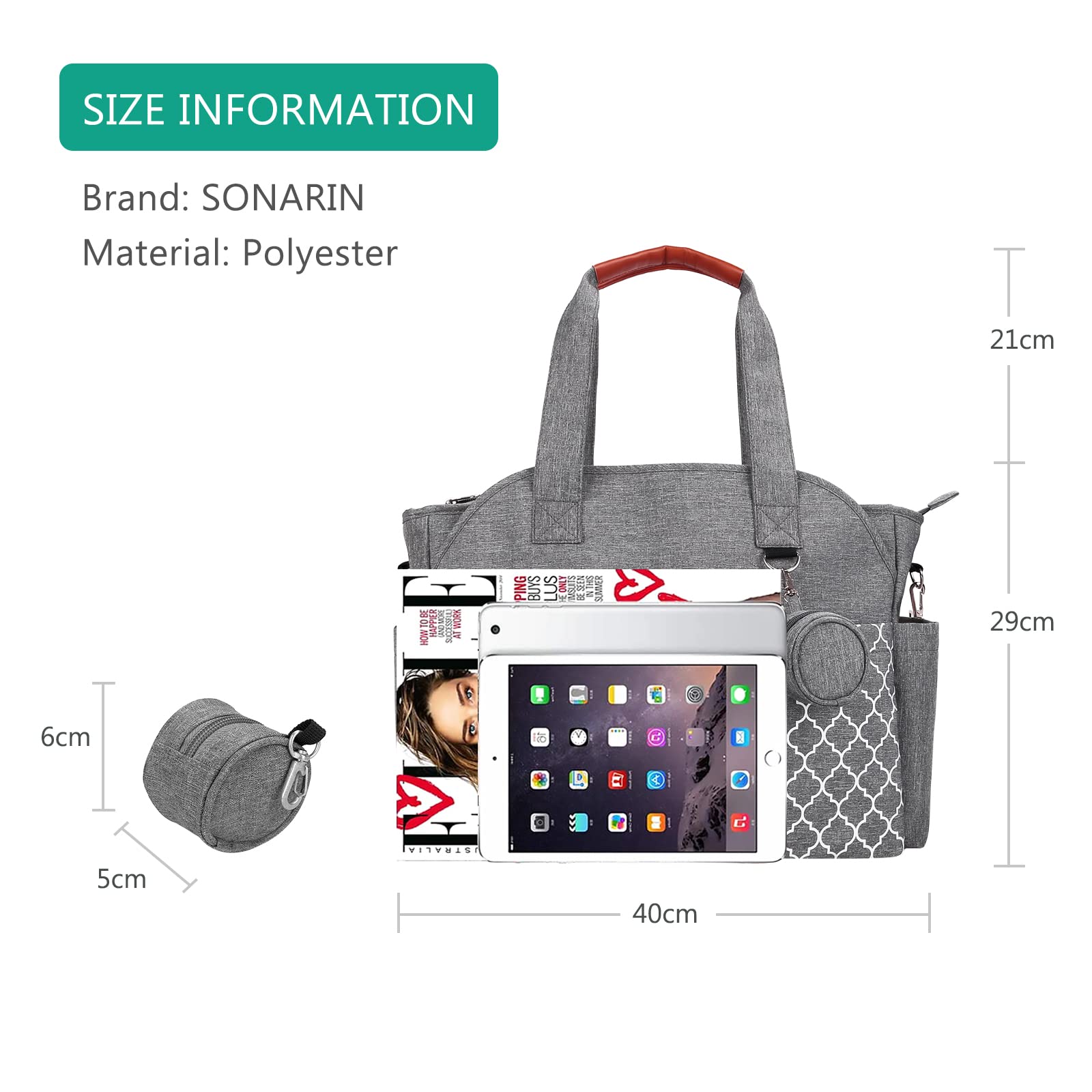 SONARIN Waterproof Baby Changing Bag - Large Capacity Diaper Tote for Travel & Outings (Grey)