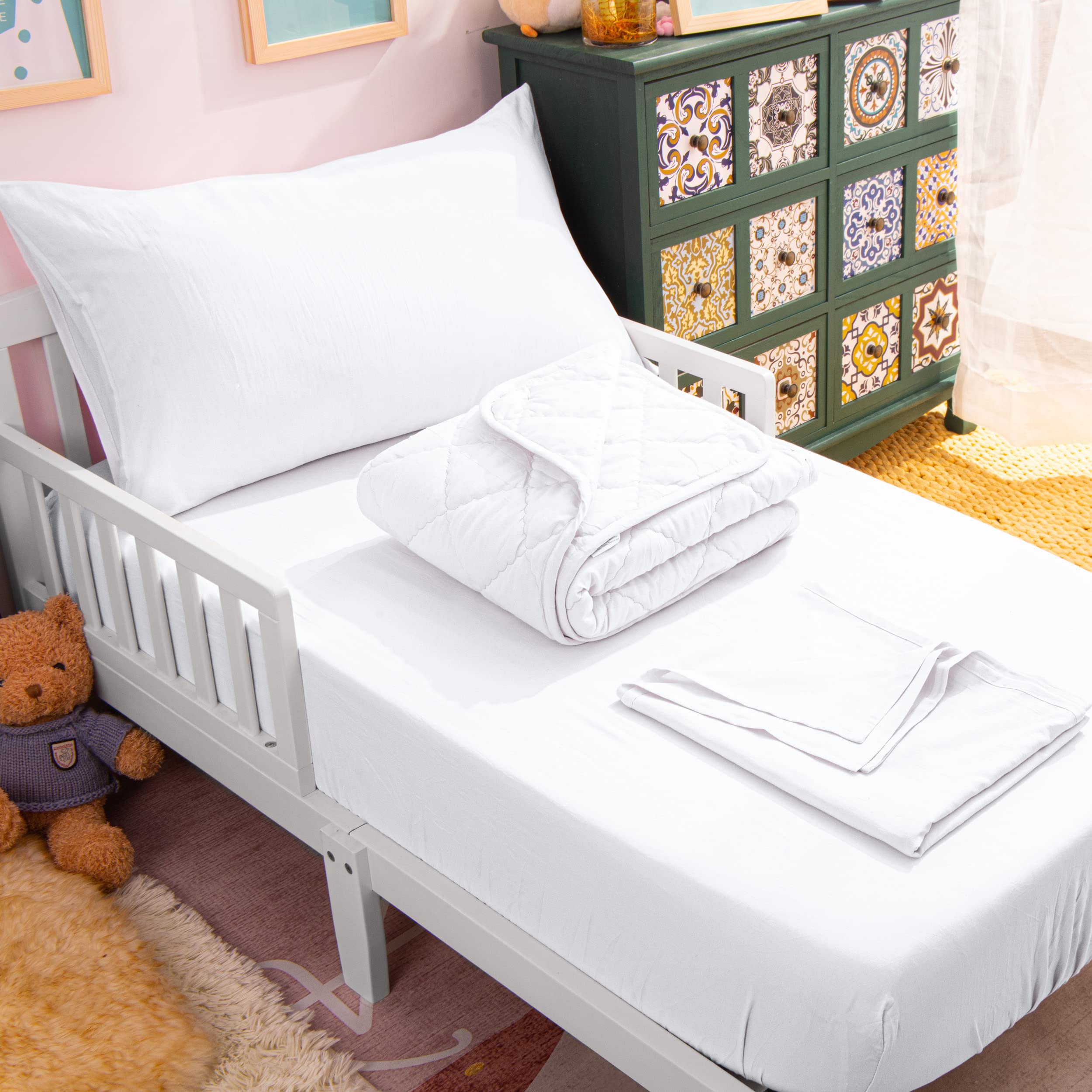 NTBAY 4-Piece Toddler Bedding Set - Soft & Breathable Crib Bedding for Boys & Girls, Includes Quilted Comforter, Fitted Sheet, Flat Sheet & Pillowcase, White - Perfect for Nursery, Daycare or Travel