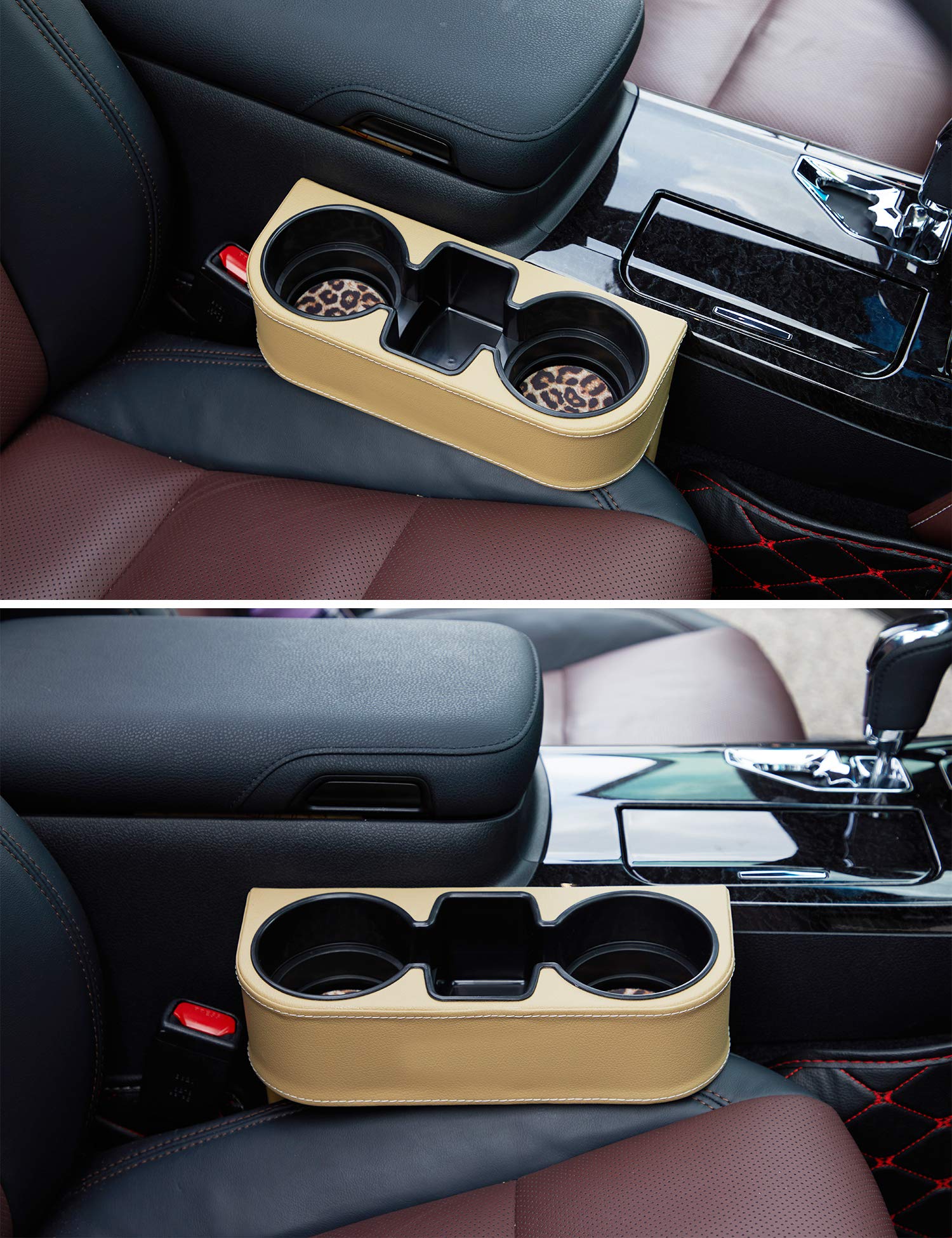Premium PU Leather Car Cup Holder Organizer - Seat Gap Filler with Phone & Drink Storage | Universal Fit for SUV, Truck & Sedan | Perfect for Road Trips, Commuting & Family Travel (Beige)