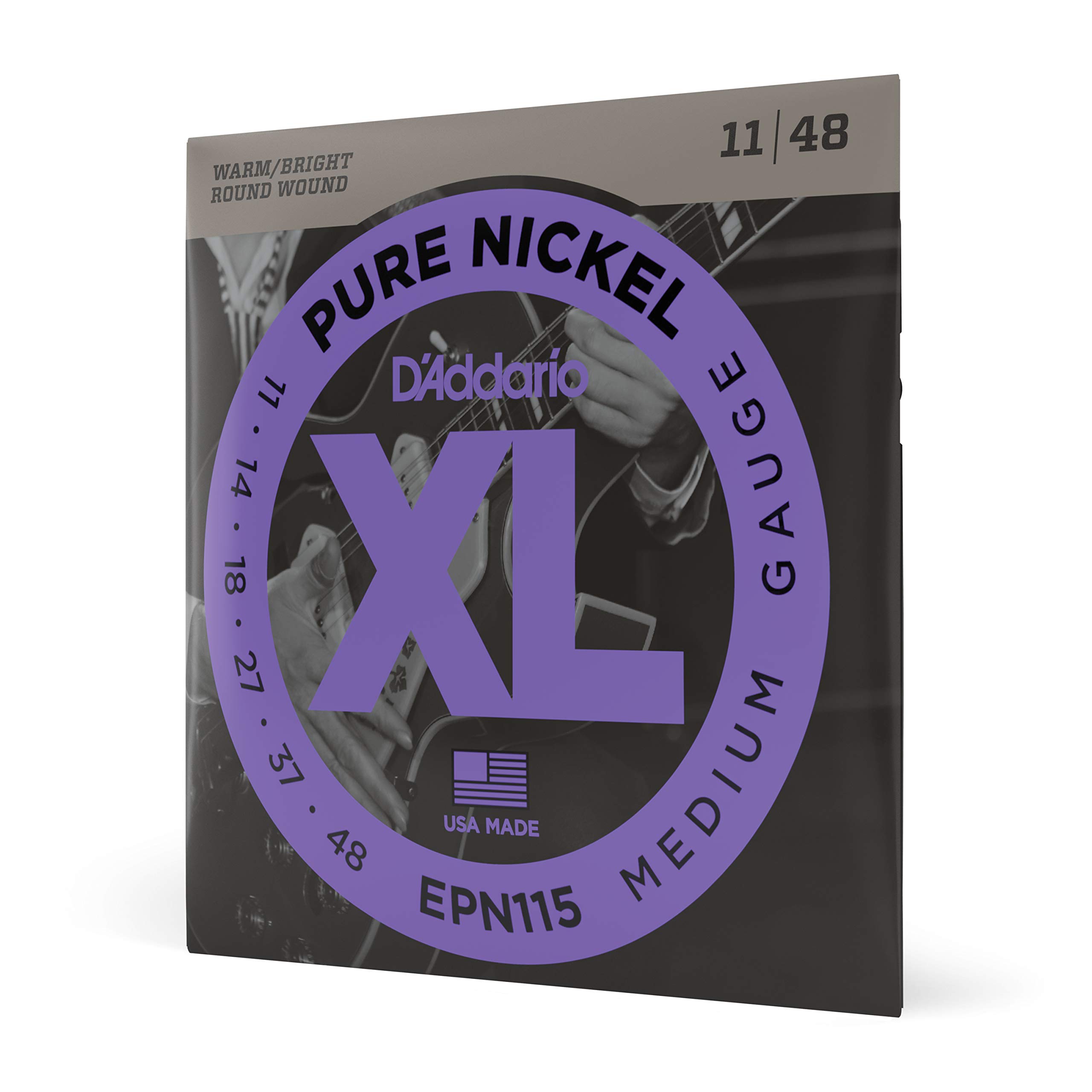 D'Addario XL Pure Nickel Electric Guitar Strings - Round Wound 11-48 Gauge (EPN115) - Warm & Bright Vintage Tone for Blues, Jazz & Rock - Perfect for Stage & Studio Performances