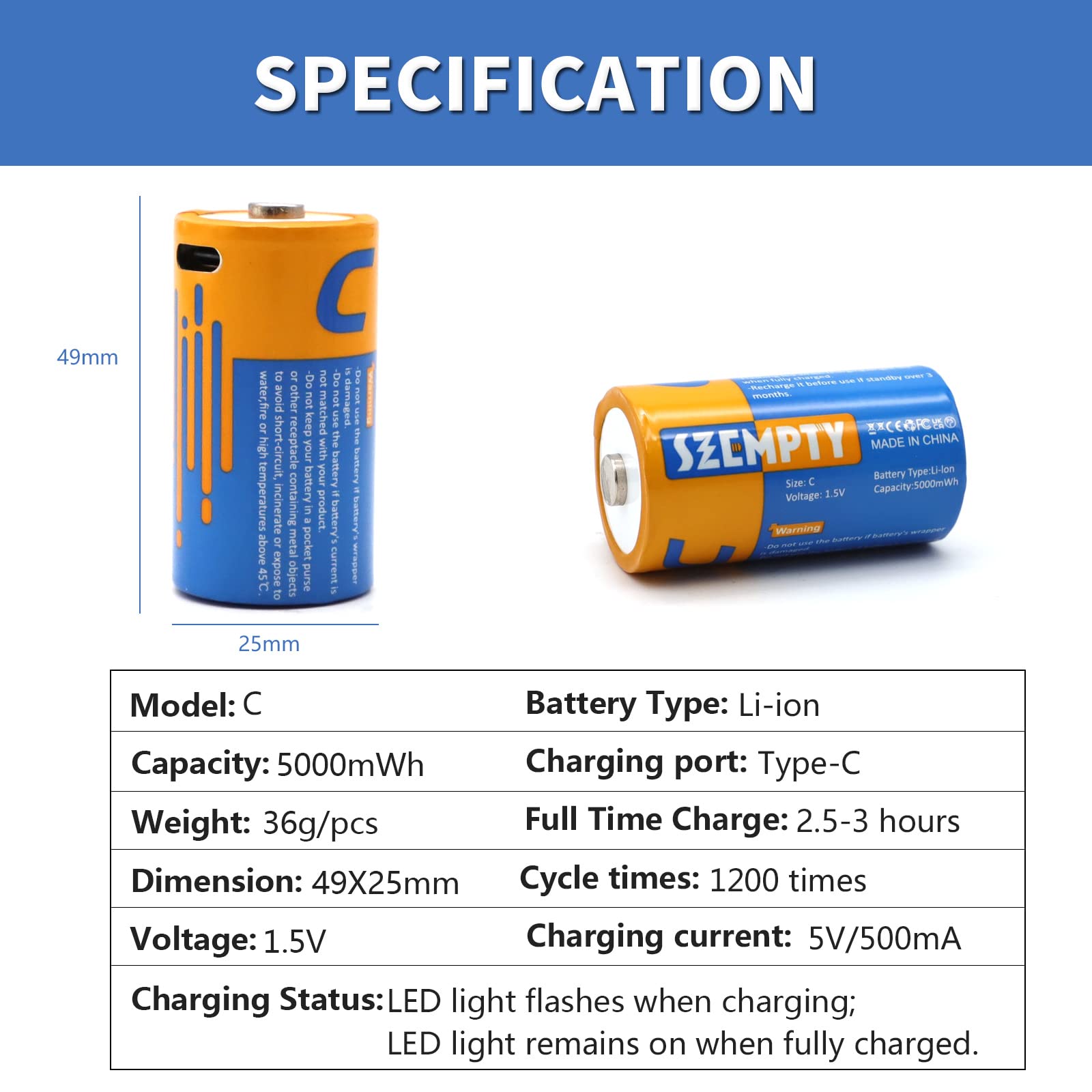 1.5V Lithium C Rechargeable Batteries - 5000mWh USB-C Li-ion Batteries with 2-in-1 Charging Cable (2 Pack) | Perfect for Wireless Keyboards, Digital Cameras & Emergency Flashlights