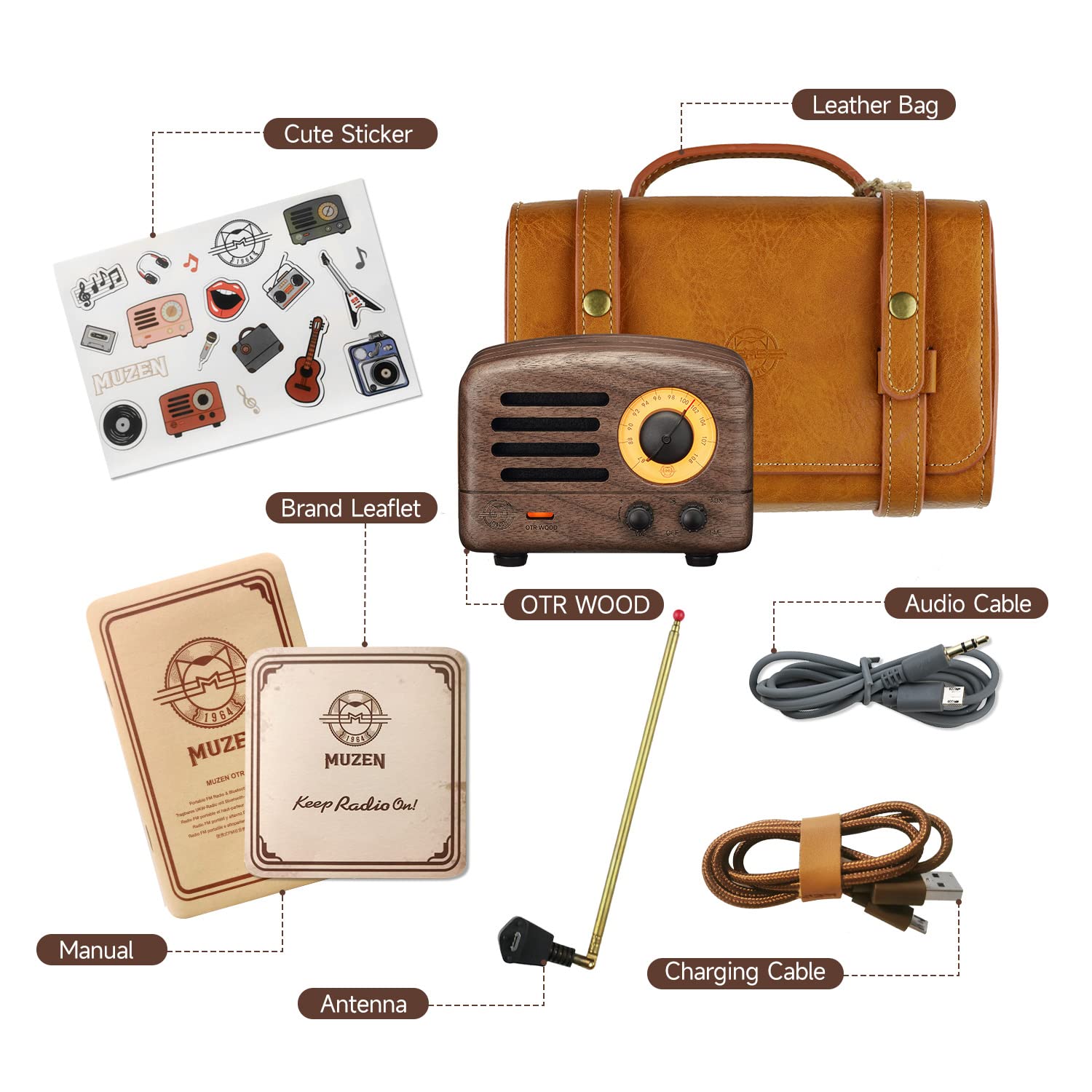 Vintage Muzen OTR Wood Portable Bluetooth Speaker with FM Radio, AUX Input & 10+ Hours Playtime - High Fidelity Stereo Sound, Retro Suitcase Design - Perfect for Home, Office, Picnic, Travel & Gift Giving
