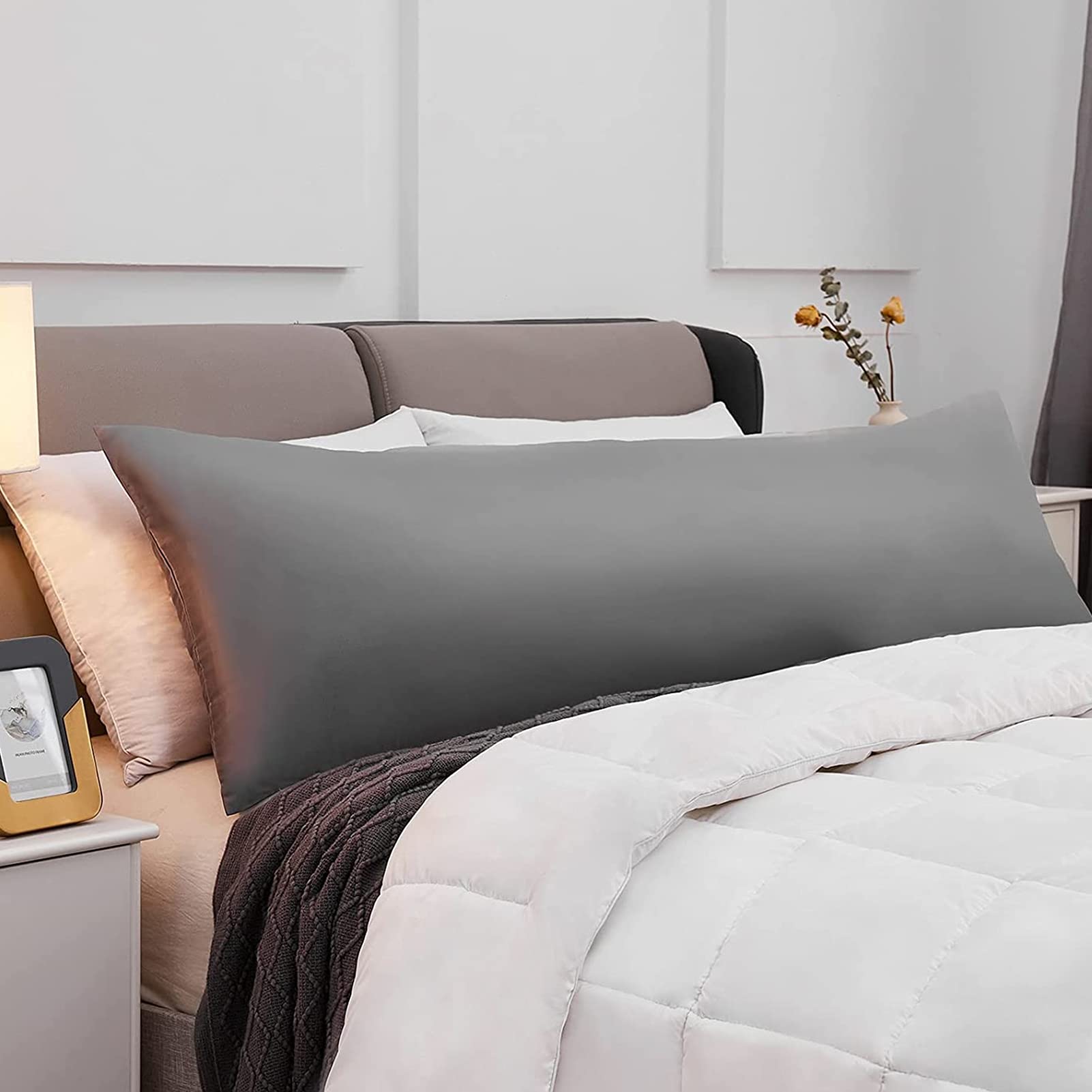 Premium 100% Cotton 800 Thread Count Body Pillow Cover - Ultra Soft & Breathable 21x54 Inch Lipo Pillow Case in Gray - Perfect for Pregnancy, Nursing, Reading & Lounging in Bed