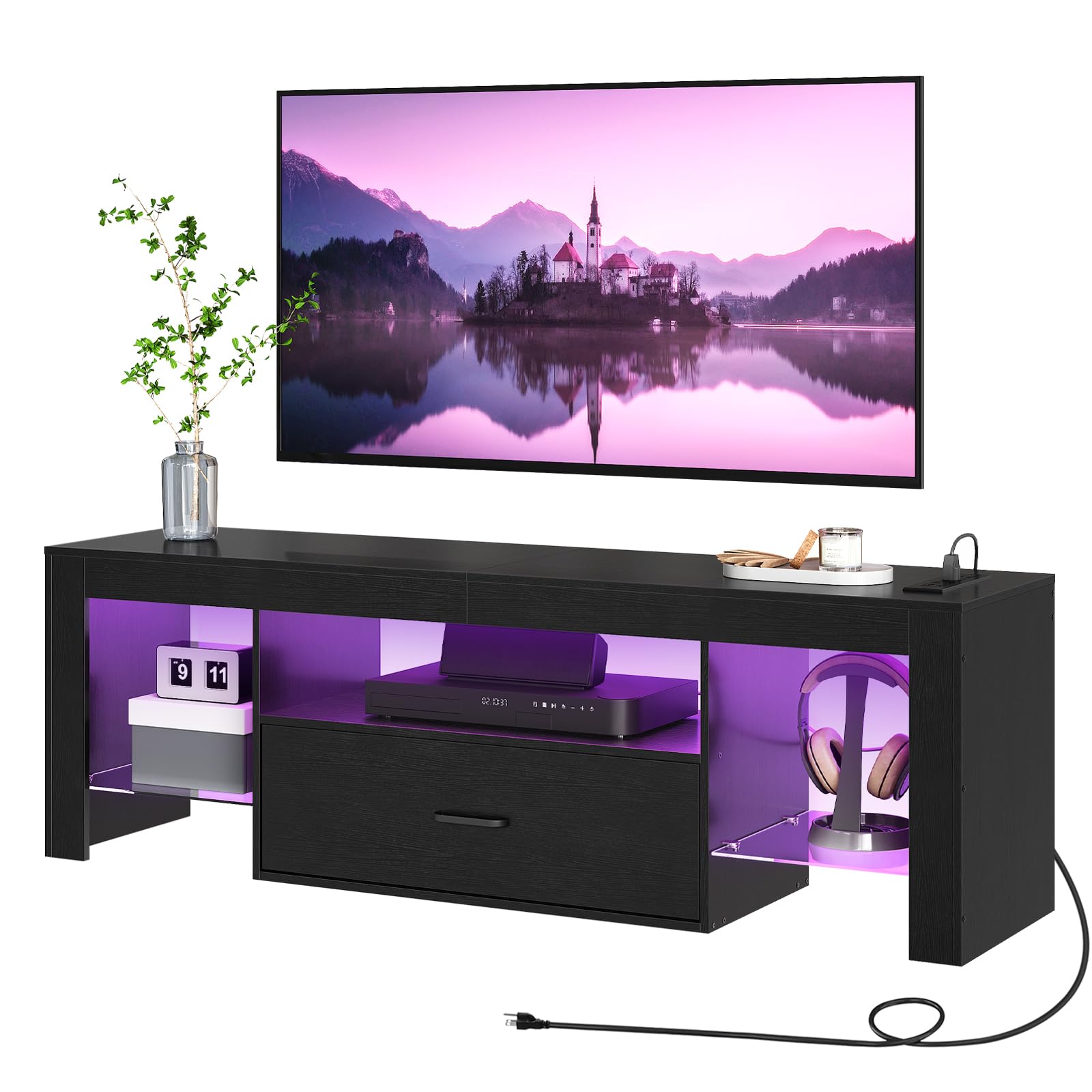 HOOBRO 65 inch LED TV Stand with Power Outlets, Modern Gaming Entertainment Center with Glass Shelves & Large Storage Drawer - Media Console Table for Living Room, Bedroom (Black BB14UDDS01G1) | Perfect for Home Theater Setup & Gaming Stations