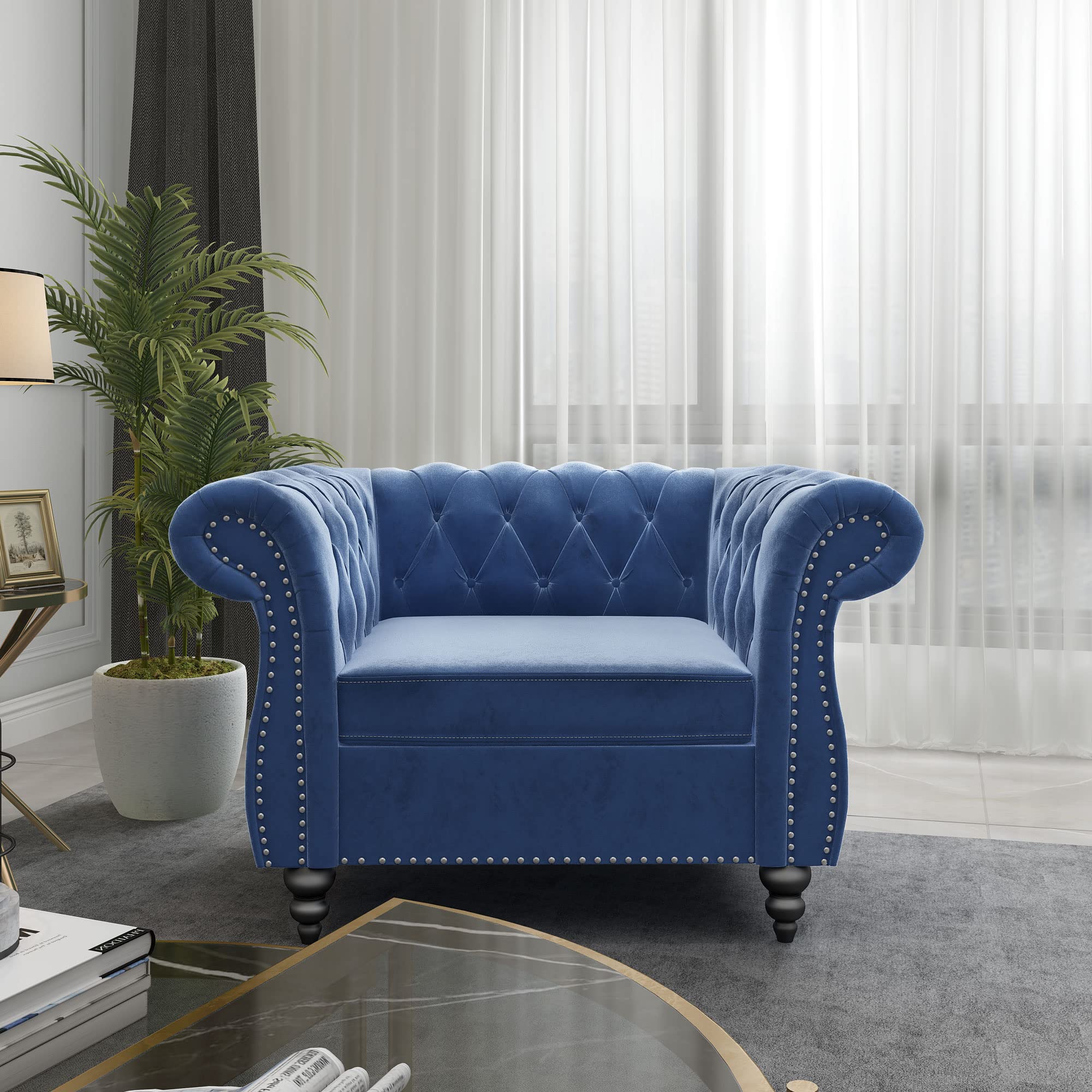 RARZOE Contemporary Velvet Chesterfield Chair - Blue Tufted Club Chair with Scrolled Arms & Nailhead Trim - Luxurious Accent Chair for Living Room, Bedroom & Office - Perfect for Home Decor, Reading Nook & Lounge Areas