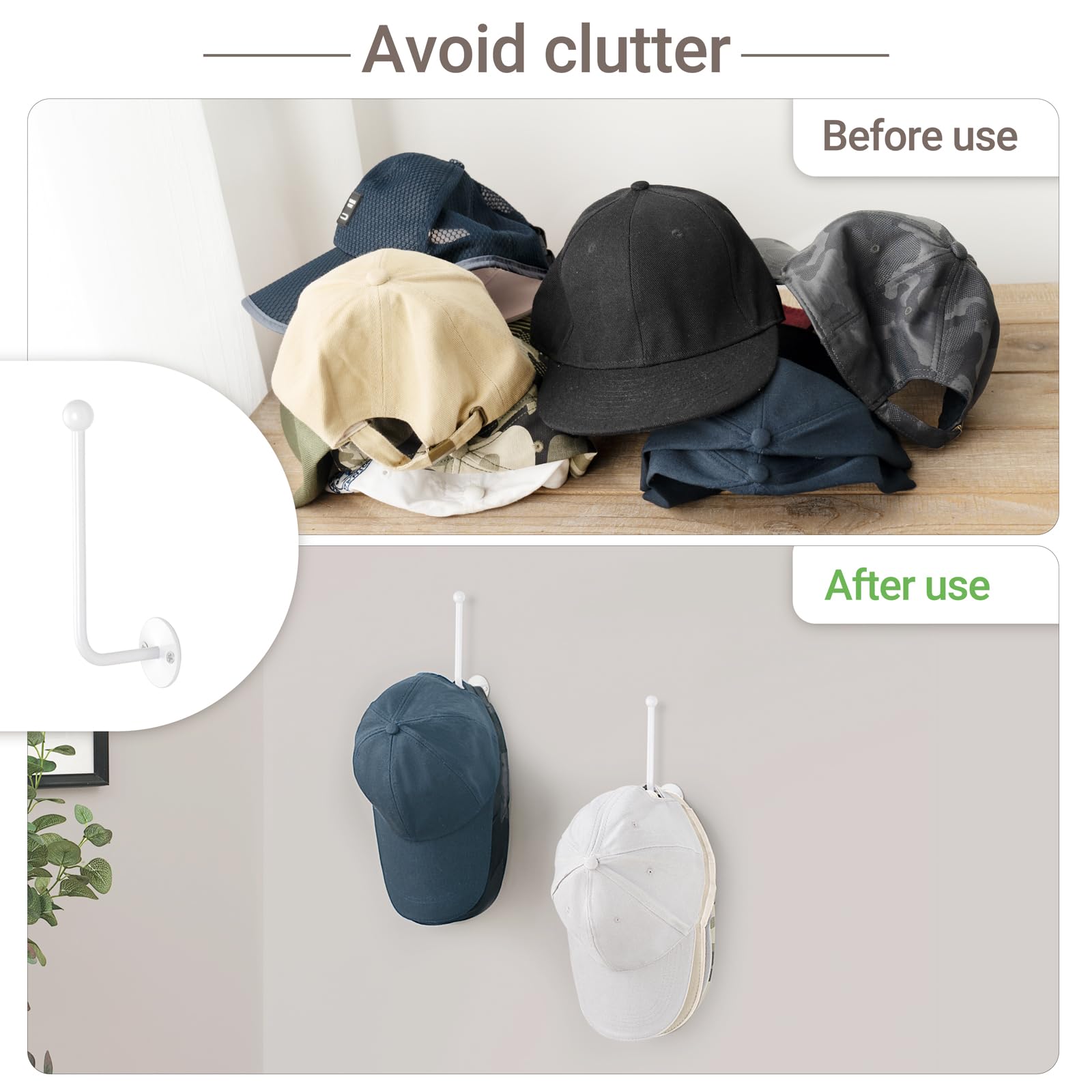 Dahey 2-Pack L-Shaped Baseball Cap Organizer - 5 Inch Space Saving Wall Mounted Hook Rack for Hats, Modern Metal Storage Holder for Closet, Bedroom & Living Room - White | Perfect for Hat Collections, Small Spaces & Home Organization