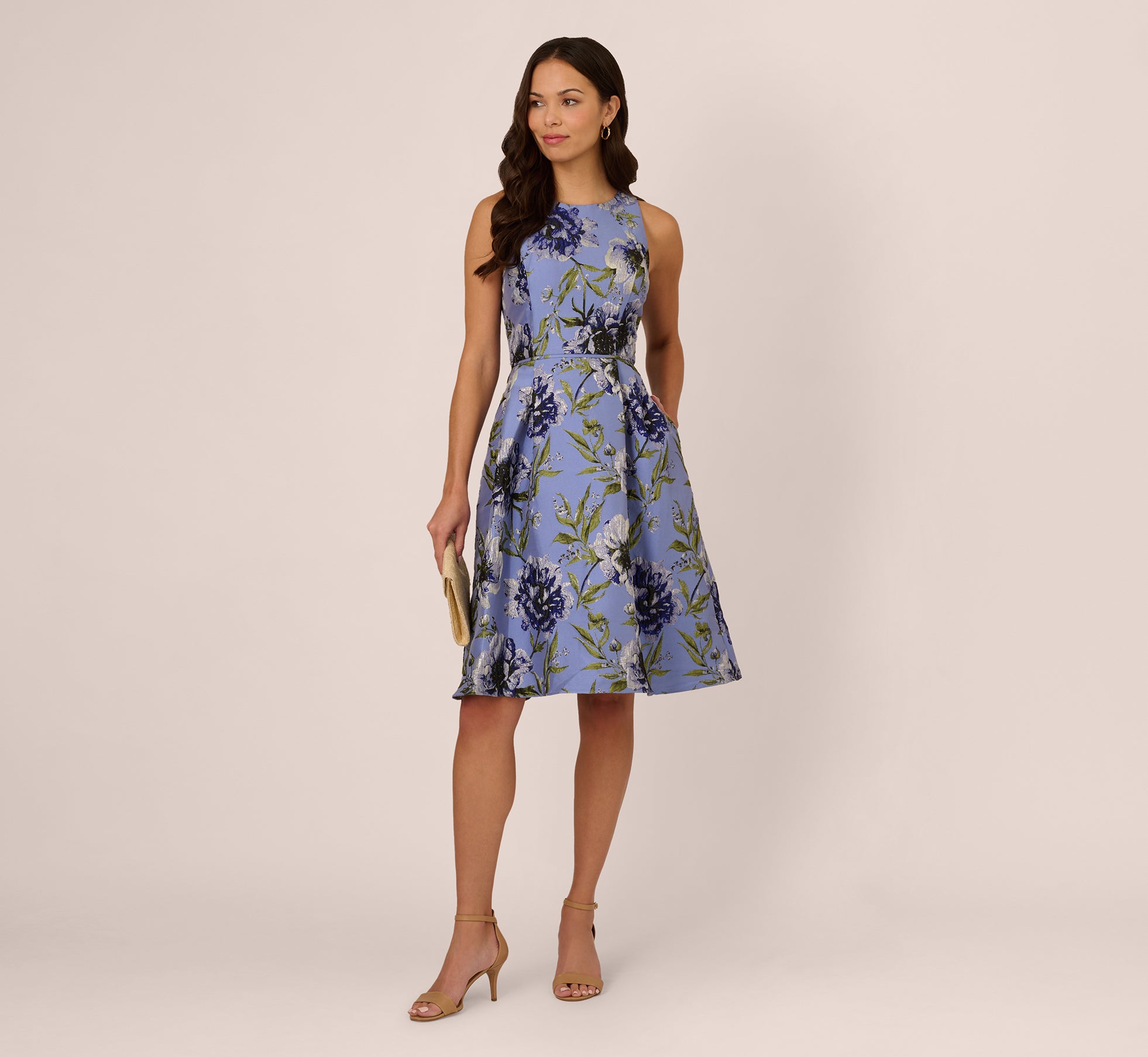 Elegant Sleeveless Jacquard Fit and Flare Midi Dress in Blue Multi - Perfect for Summer Weddings, Garden Parties & Cocktail Events