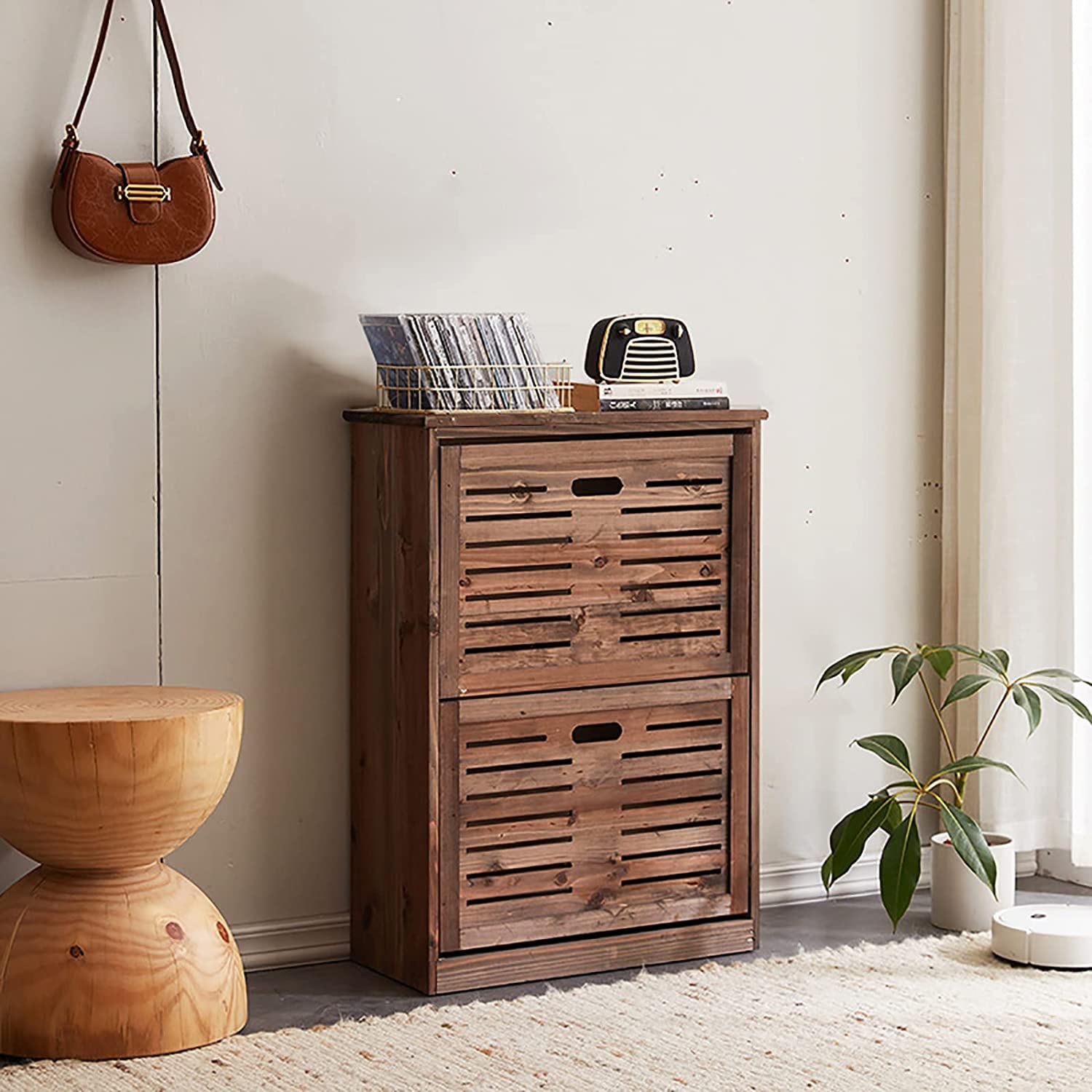 Rustic Shoe Cabinet & Hidden Shoe Rack - Solid Wood Entryway Shoe Organizer with 4-Tier Storage, Farmhouse Style Shoe Storage Cabinet (53x24x77cm) - Perfect for Entryway, Mudroom, and Home Organization