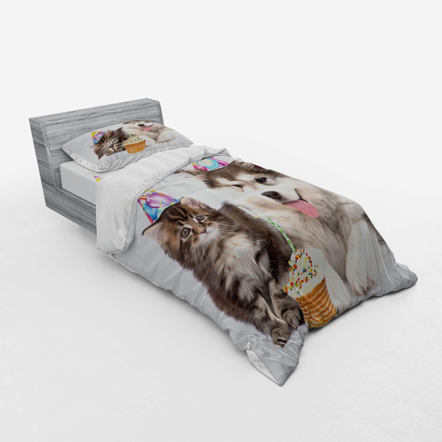 Ambesonne Birthday Duvet Cover Set - Dog & Cat Pet Theme with Party Hats & Cupcakes, 3-Piece Twin Size Bedding Set (Duvet Cover, Sham, Fitted Sheet) in White & Brown - Perfect for Kids' Rooms, Pet Lover Gifts & Birthday Decorations