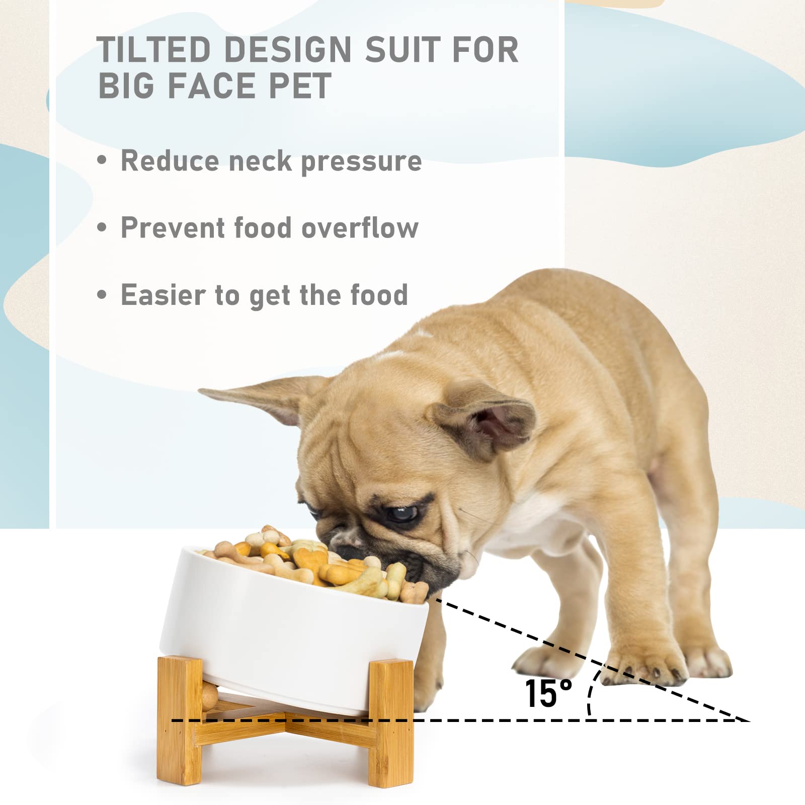 SPUNKYJUNKY 15° Tilted Ceramic Pet Bowl with Wooden Stand - Non-Slip, Non-Spill Dog & Cat Food/Water Dish for Bulldogs, Flat-Faced Breeds (28.7oz/3.6 Cups, White) - Perfect for Messy Eaters & Senior Pets at Home