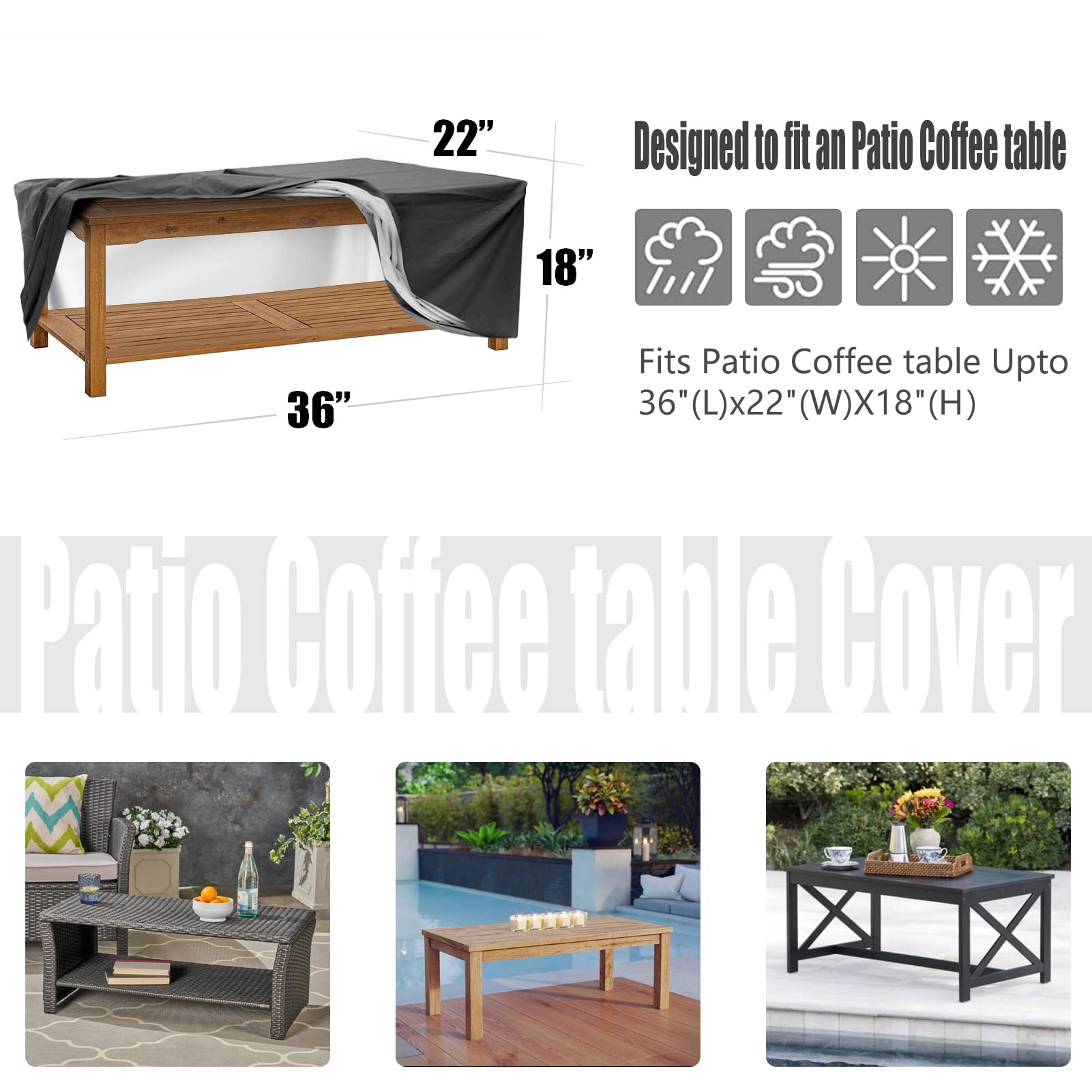 Waterproof Outdoor Coffee Table Cover 48x26x18 Inches - Grey Rectangular Patio Furniture Protector for Rain, Sun & Dust - Perfect for Decks, Gardens & Poolside Use