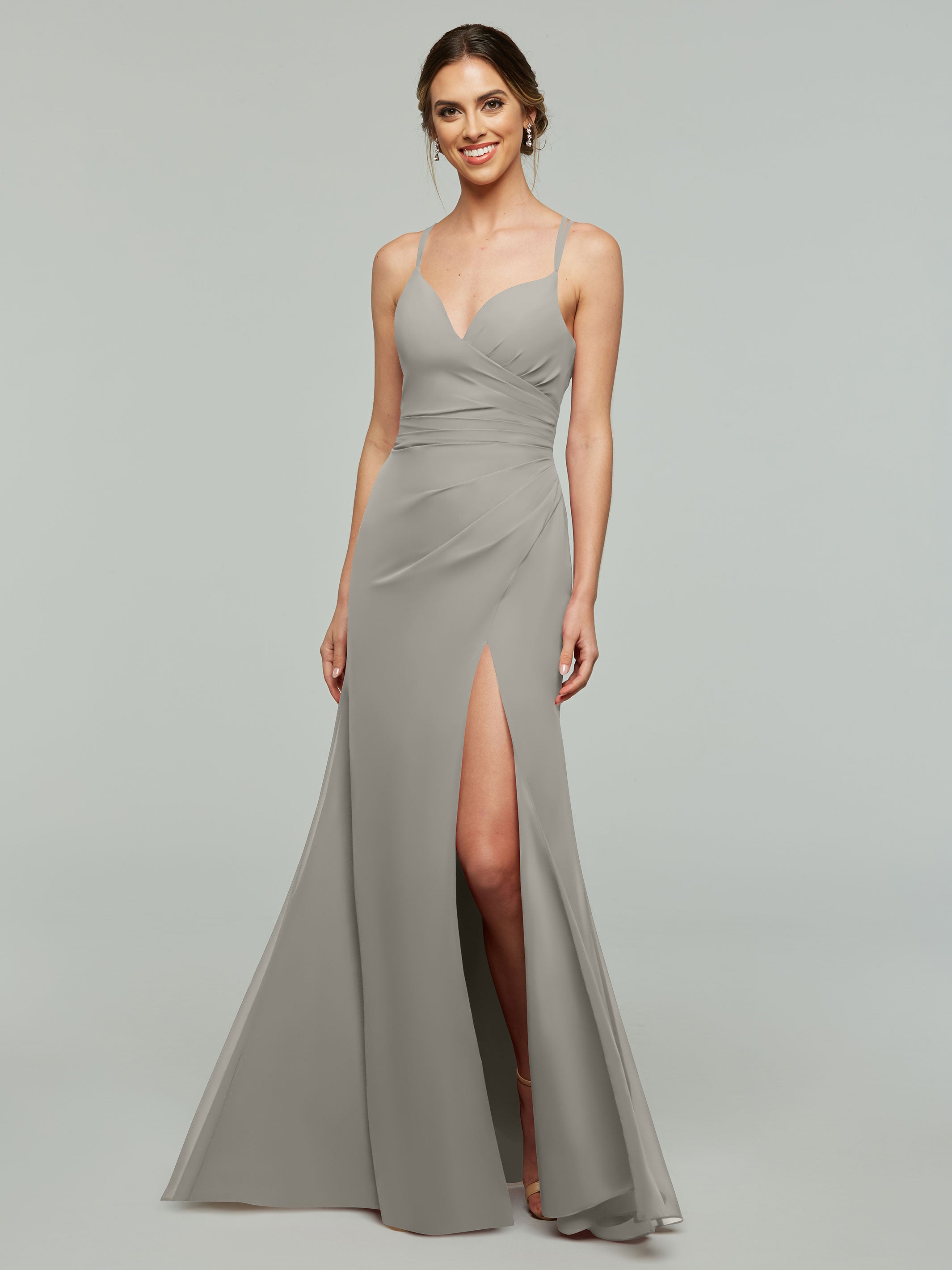 Elegant 80130 Chiffon Sheath Bridesmaid Dress - V Neck & High Slit Design for Weddings, Formal Events & Special Occasions