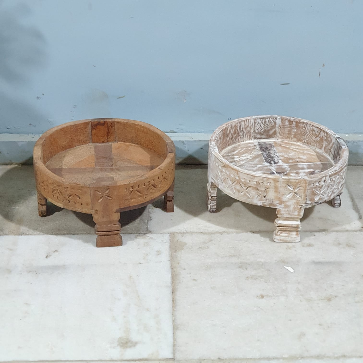 Hand Carved Solid Wood Chakki Grinder Coffee Table - 31x31x16cm Whitewashed Finish - Perfect for Living Room, Lounge & Boho Home Decor