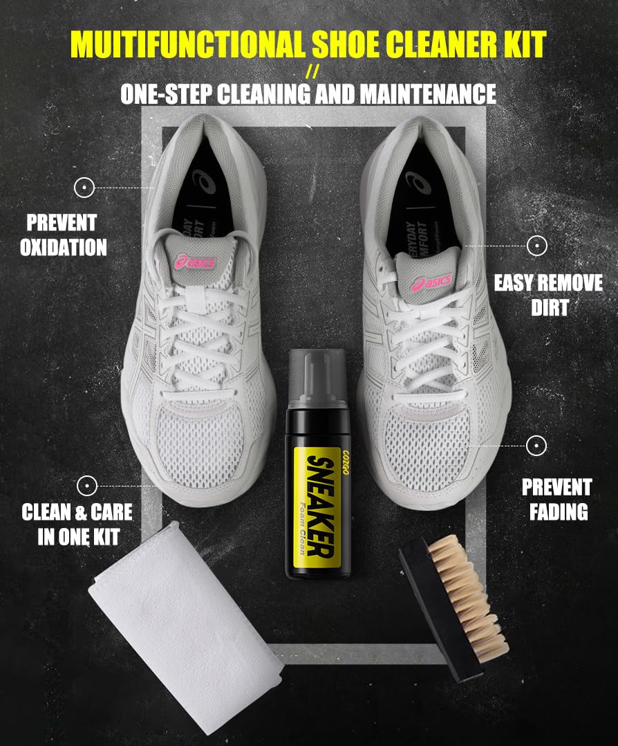 COZGO Shoe Cleaner Kit for Sneakers - Water-Free Foam Sneaker Cleaner (5.3Oz) with Shoe Brush & Microfiber Cloth - Works on Most Shoes - Perfect for Sneakerheads, Athletes & Daily Shoe Care