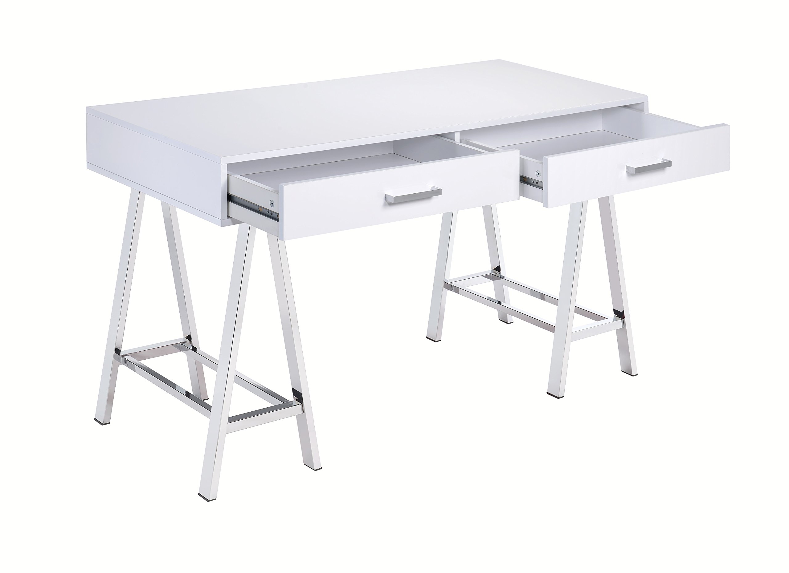 HABITRIO Modern Writing Desk - White Rectangular Home Office Table with 2 Storage Drawers & USB Port, High Gloss Workstation for Small Spaces | Perfect for Remote Work, Study & Crafting