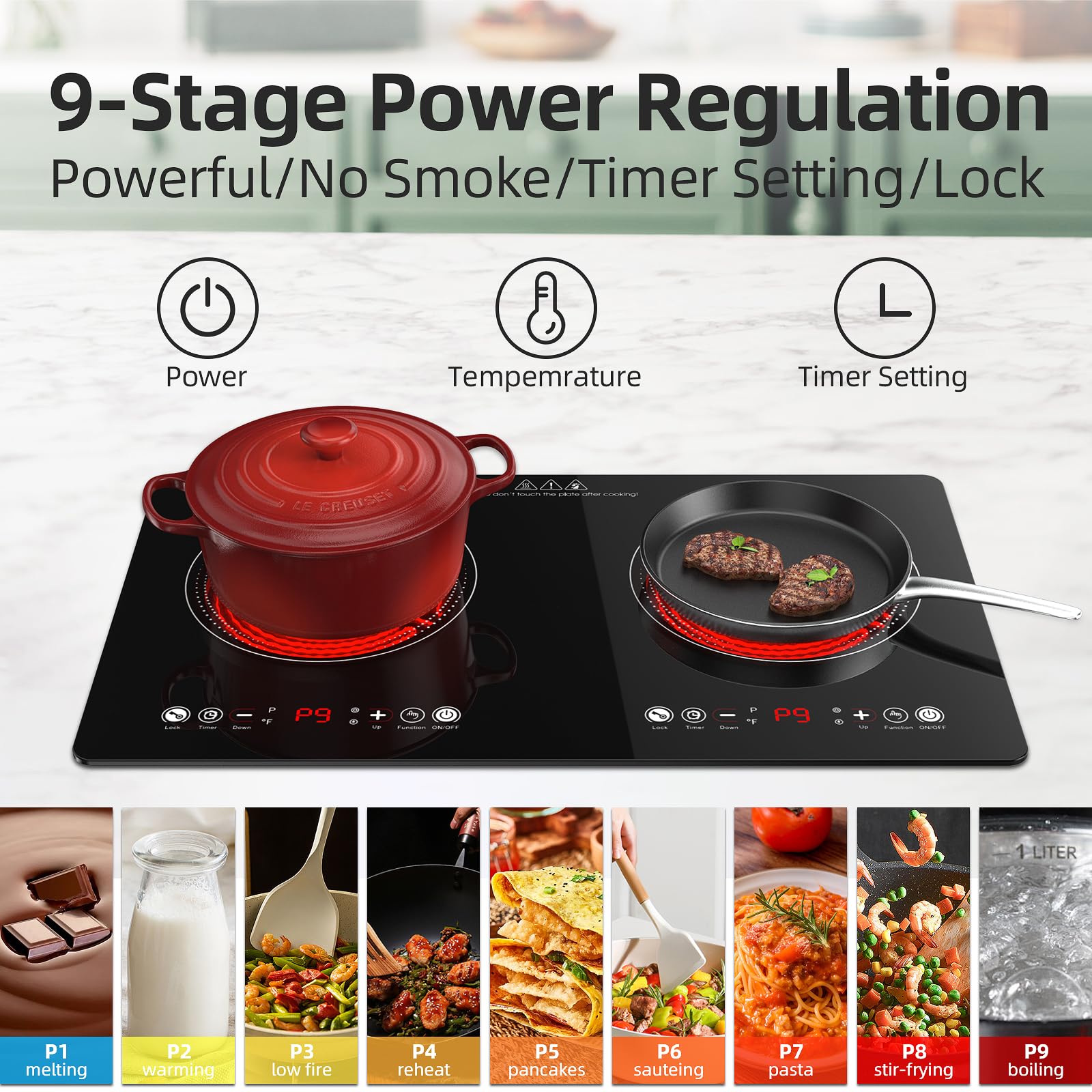 **24 Inch Electric Cooktop - 110V 2400W Built-in Ceramic Stove Top with 9 Power Levels & LED Touch Control - 2 Burner Desktop Induction Cooktop for Home, Kitchen, RV & Small Spaces**