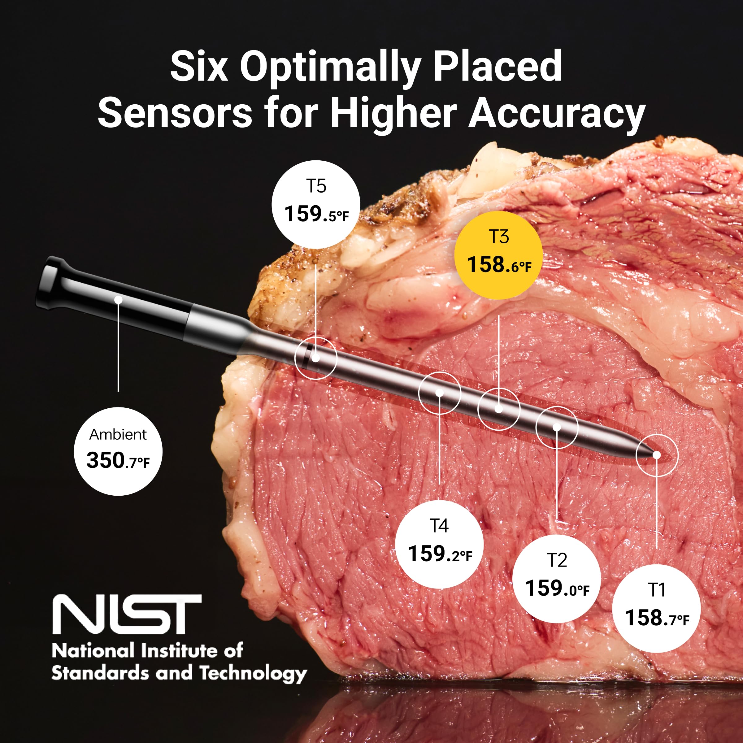 Wireless Bluetooth Smart Meat Thermometer with 6 Sensors - NIST Certified Accuracy, 2 Probes, WiFi & Sub-1G Connectivity for BBQ, Grill, Oven, Smoker, Rotisserie | Perfect for Outdoor Cooking, Home Kitchen & Professional Chefs