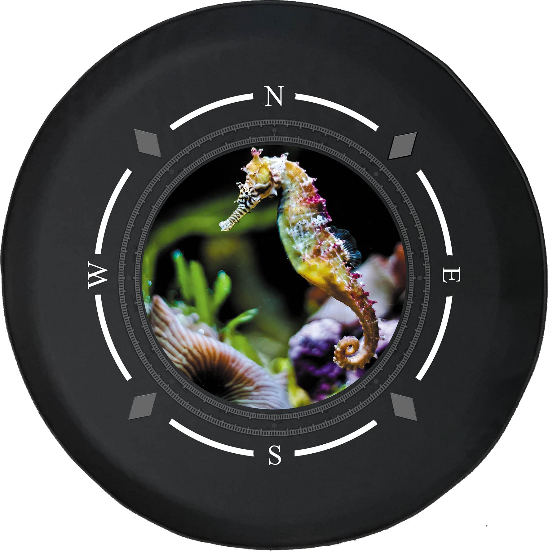 American Unlimited Spare Tire Cover with Compass & Coral Reef Seahorse Design - Universal Fit for SUV, Trailer, RV & Most Vehicles | Outdoor Adventure & Road Trip Accessories