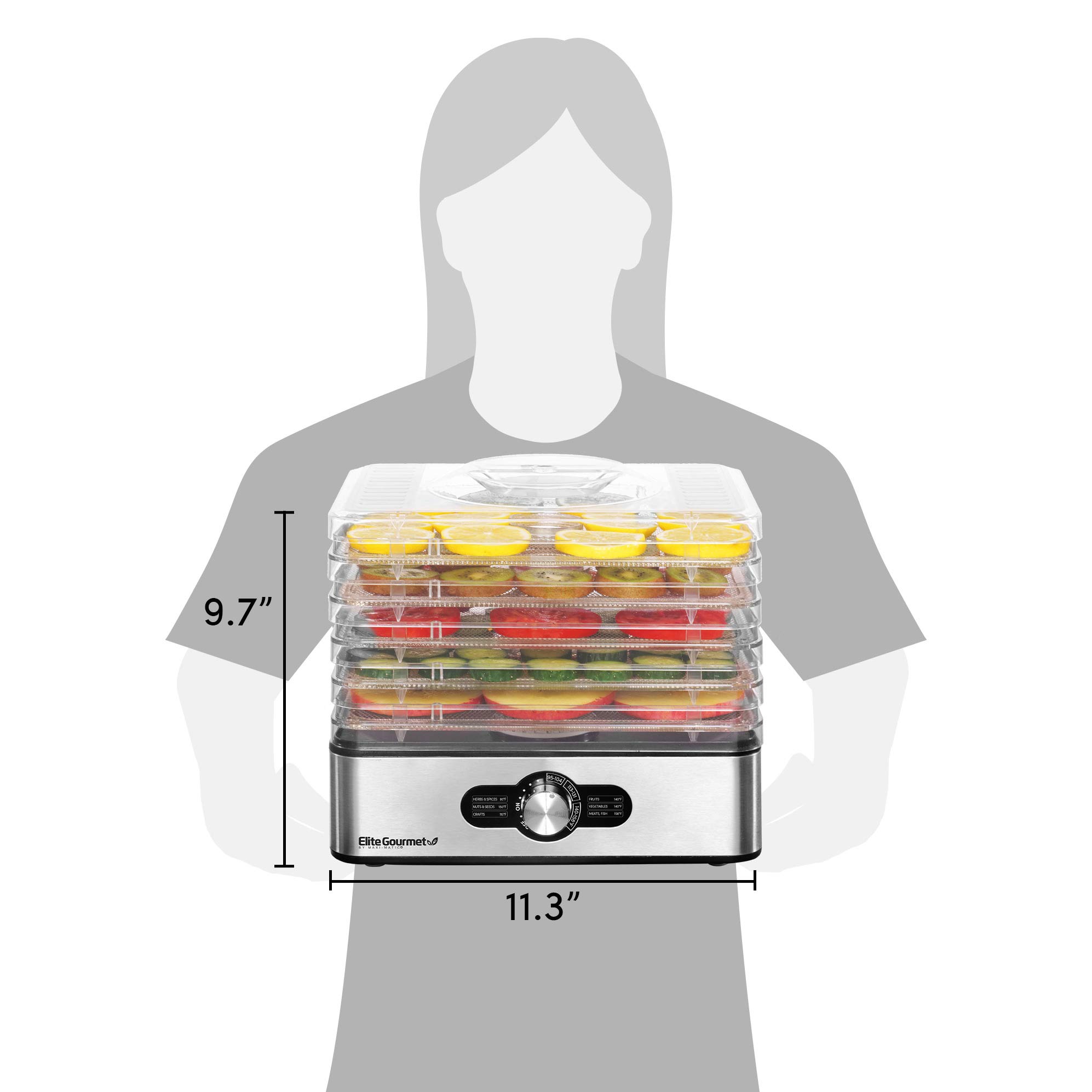 Elite Gourmet EFD3321X Stainless Steel Food Dehydrator with Adjustable Temperature - Perfect for Making Beef Jerky, Drying Herbs, Fruits, Vegetables & Healthy Snacks | Ideal for Home Kitchen, Camping & Meal Prep