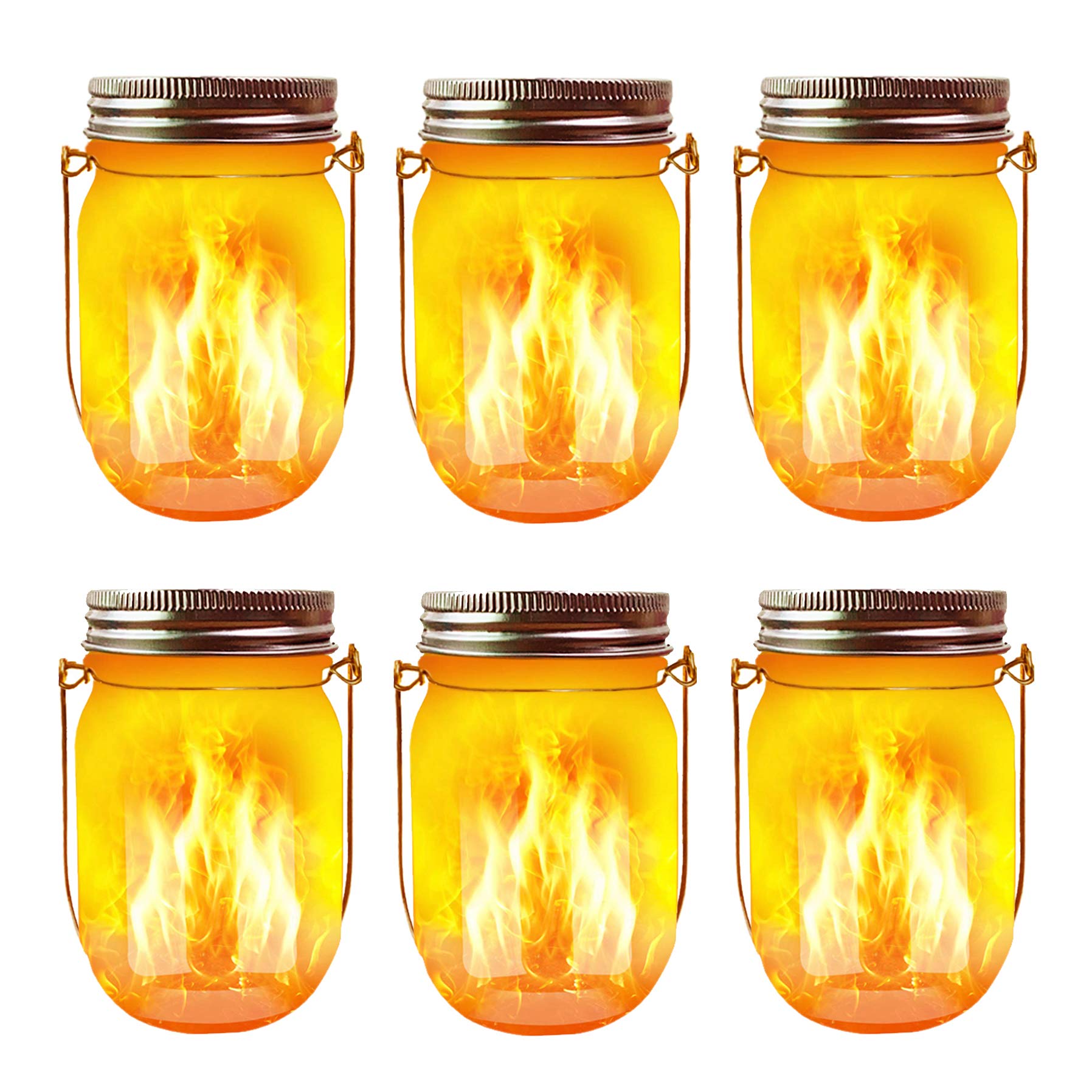 Solar Flicker Torch Lights, 6 Pack Waterproof Outdoor Solar Lanterns with Dancing Flame Effect - Built-in Glass Mason Jar for Patio, Yard, Garden, Desktop, Party, Halloween & Christmas Decorations - Perfect for Outdoor Gatherings, Backyard Lighting and Holiday Celebrations