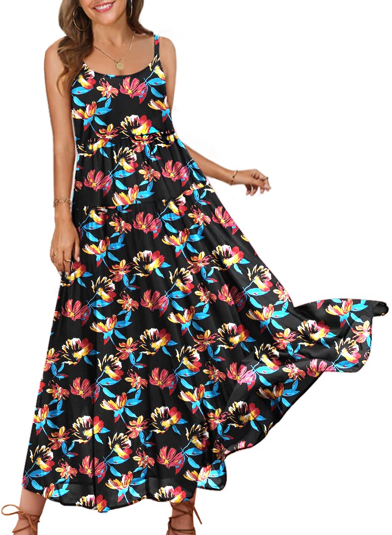 YESNO Women's Summer Maxi Dress 2022 - Casual Loose Bohemian Floral Spaghetti Strap Dress with Pockets | Beach Vacation, Outdoor Party, Date Night Outfit