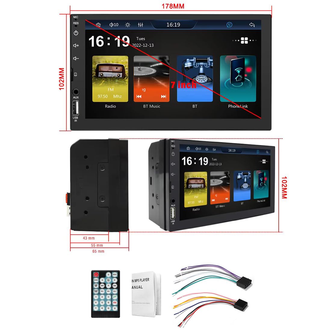 12V 7 Inch Android Car Stereo with Apple CarPlay - 2 DIN Bluetooth FM Radio MP5 Player | Supports Mirror Link & Includes 8 LED Backup Camera | Perfect for Upgrading Your Car Audio System & Safe Parking