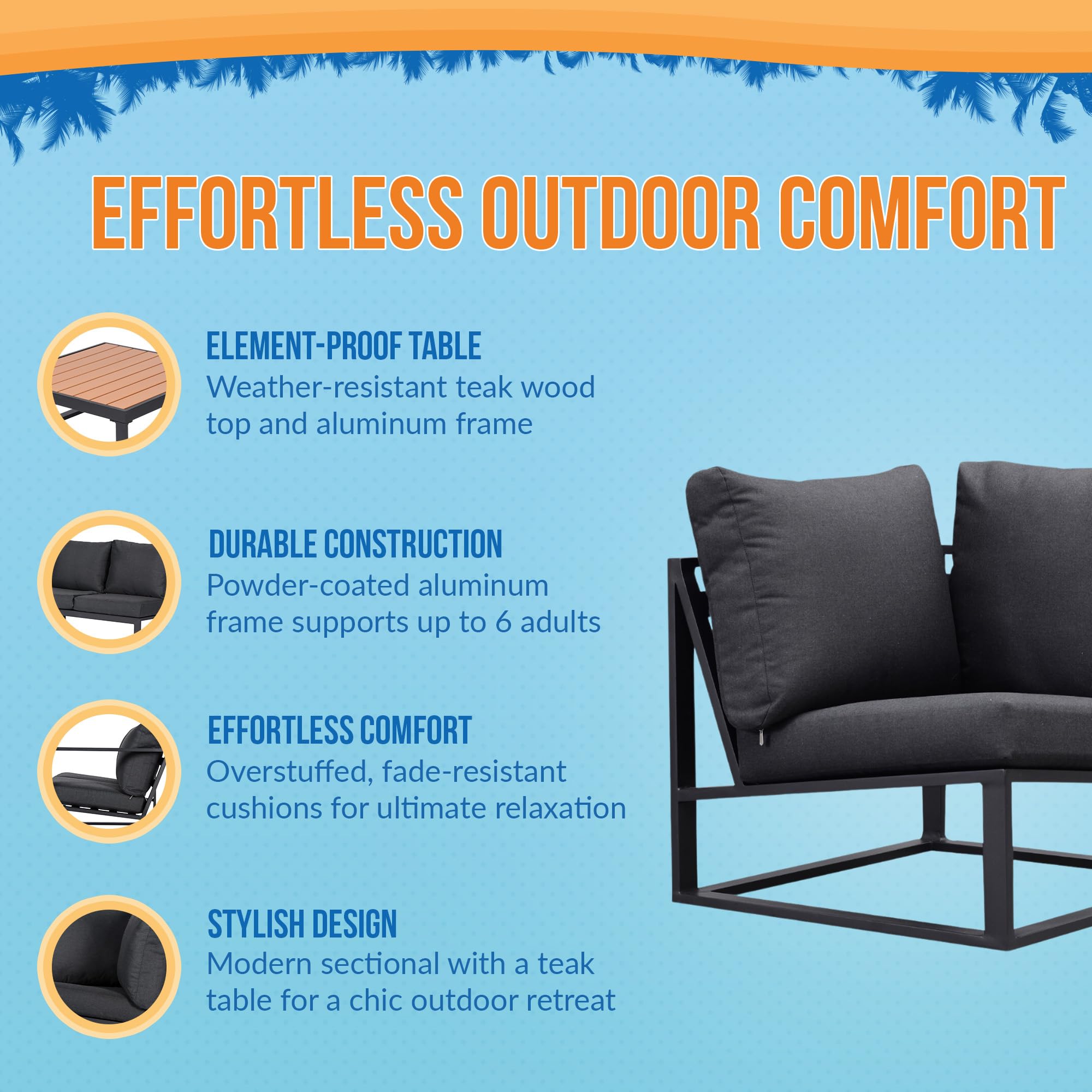 Monaco Outdoor Patio Sectional Furniture Set – 2 Loveseats, 1 Corner Sofa with Cushions & Coffee Table – Weatherproof Powder-Coated Aluminum Frame – Modern Slate Grey Outdoor Sectional – Perfect for Poolside, Garden or Backyard Relaxation