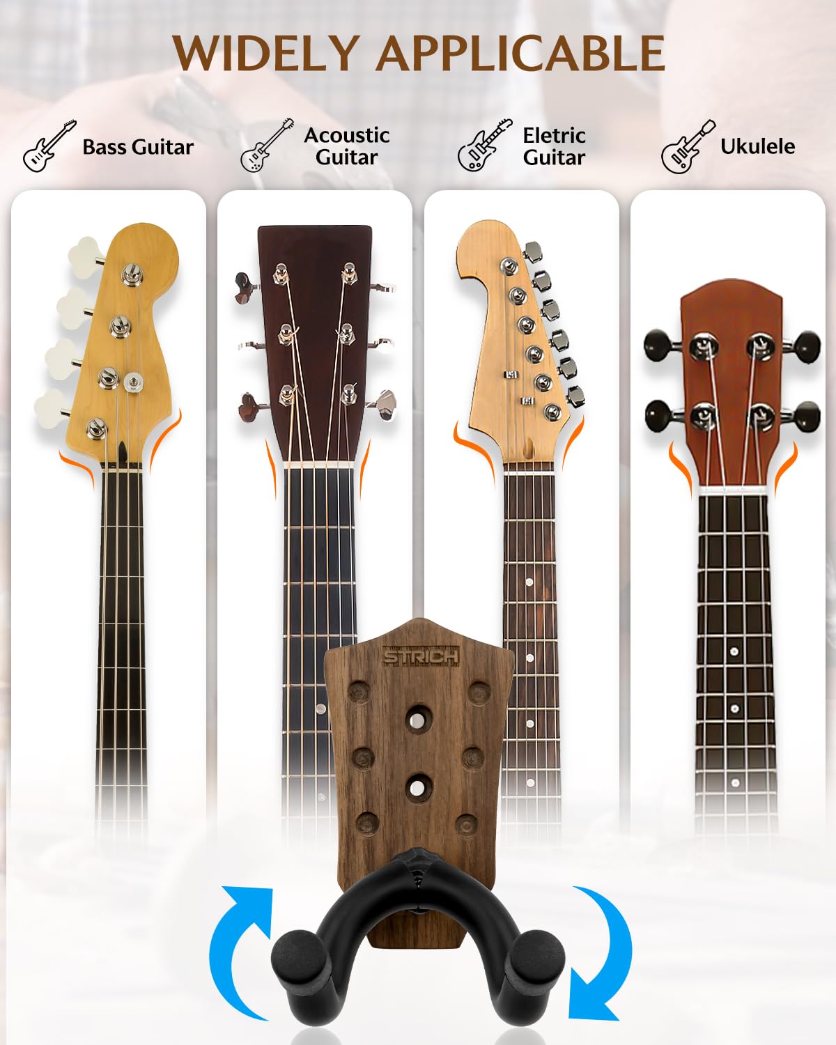 Premium STRICH Guitar Wall Mount - Walnut Base U-Shaped Hanger with Screws for Acoustic/Electric/Classical Guitars, Bass & Banjo (1-Pack) - Space-Saving Instrument Storage for Home Studios & Music Rooms