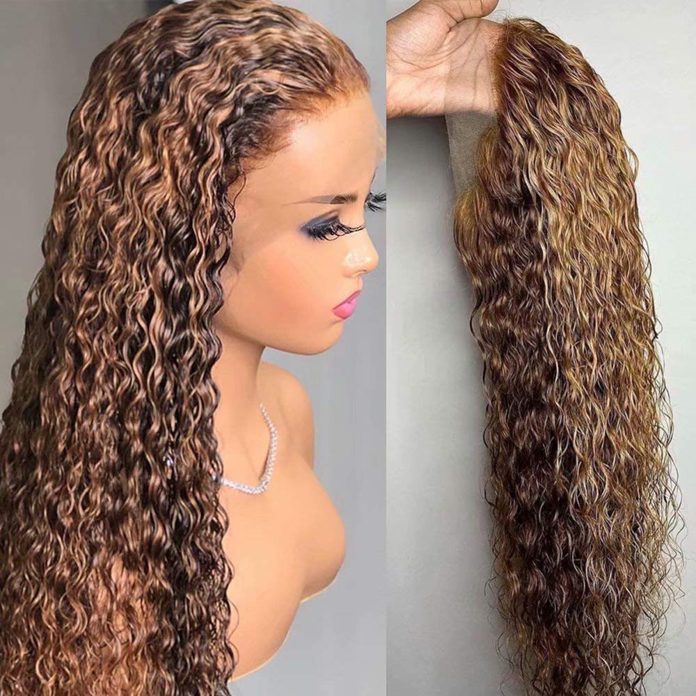 13x4 HD Transparent Lace Front Wig - Honey Blonde Highlight Water Wave Human Hair Wig with Pre-Plucked Natural Hairline & Baby Hair | 180 Density 18 Inch | Perfect for Daily Wear, Cosplay, and Special Occasions