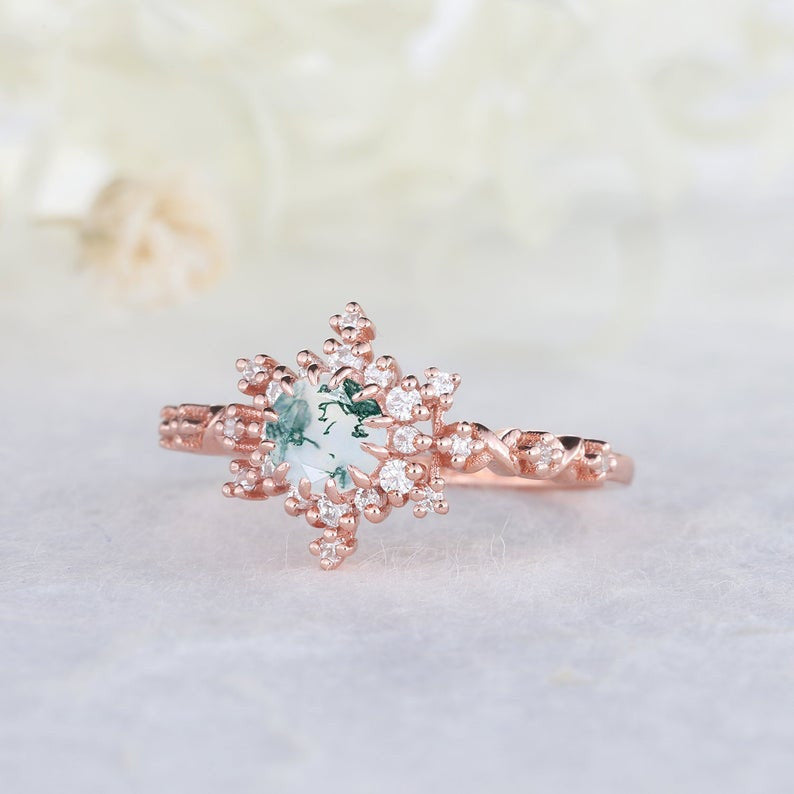 Vintage Moss Agate Engagement Ring - Art Deco Style 925 Sterling Silver Wedding Band for Women | Perfect for Vintage Weddings, Anniversary Gifts & Special Occasions