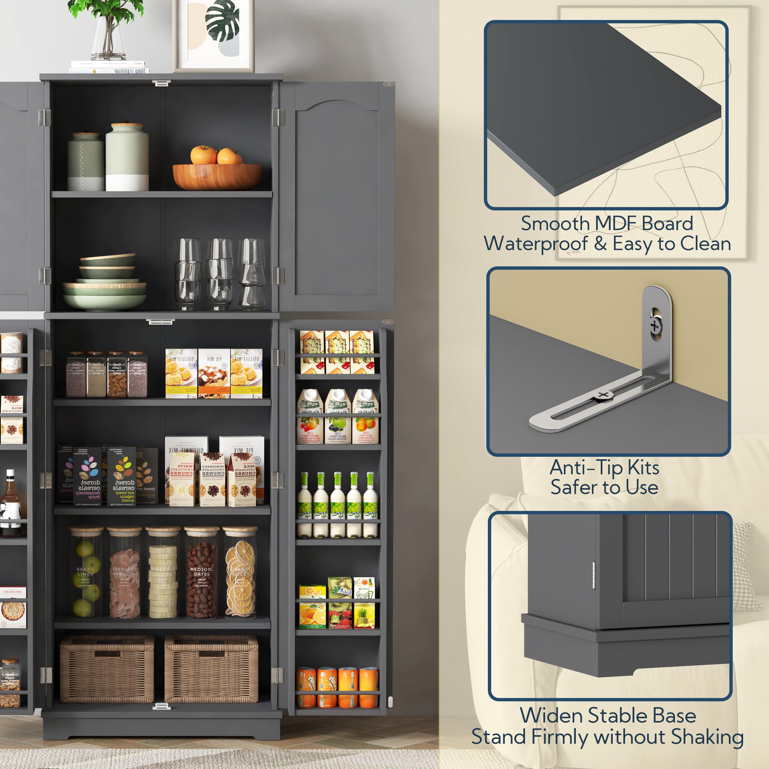 Yusong 64-Inch Tall Kitchen Pantry Cabinet with Doors & Adjustable Shelves - Free Standing Storage Organizer for Food, Dishes & Kitchen Supplies - Perfect for Kitchen, Dining Room & Living Room - Space-Saving Grey Cabinet