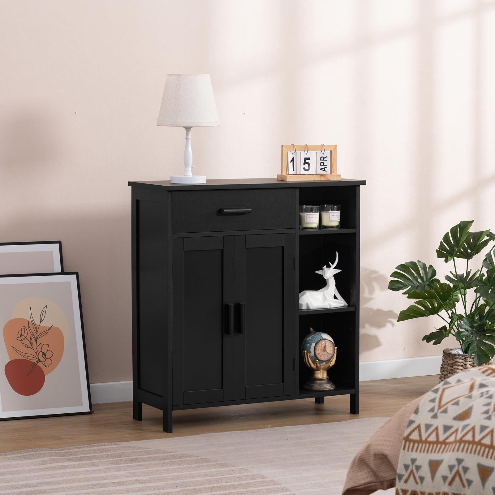WEENFON Freestanding Storage Cabinet with Doors, Drawers & Shelves - Bathroom Organizer, Coffee Bar Cabinet for Living Room - Black (Perfect for Small Spaces & Home Organization)