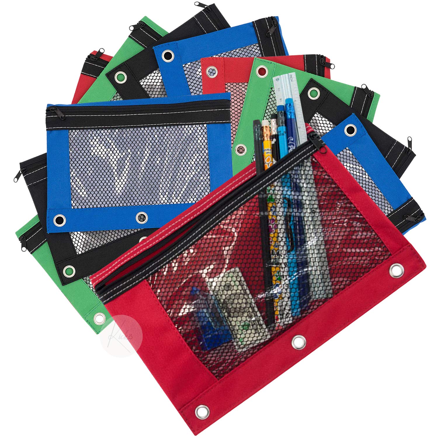 Kicko 3-Ring Binder Pencil Case - 12 Pack Durable Heavy Duty Pencil Pouches for School & Office Supplies (Assorted Colors) - Perfect for Organizing Pens, Markers & Art Supplies in Binders