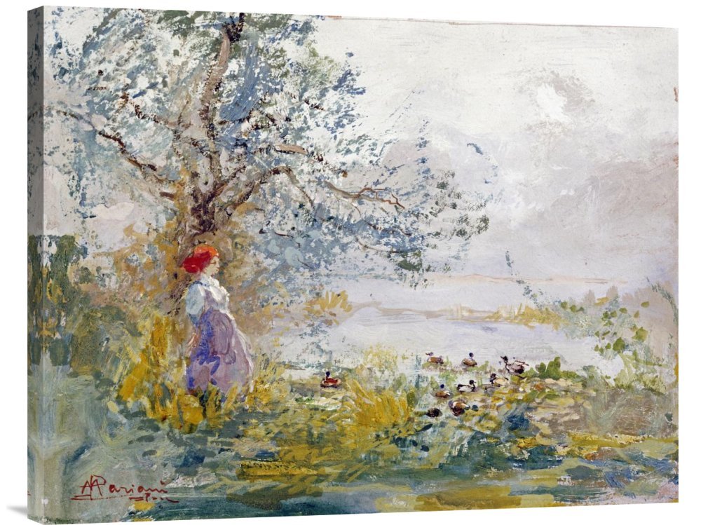 Pompeo Mariani 'A Peasant Girl and Ducks' Canvas Wall Art Print - Gallery Wrap Giclee Reproduction for Living Room & Bedroom Decor
