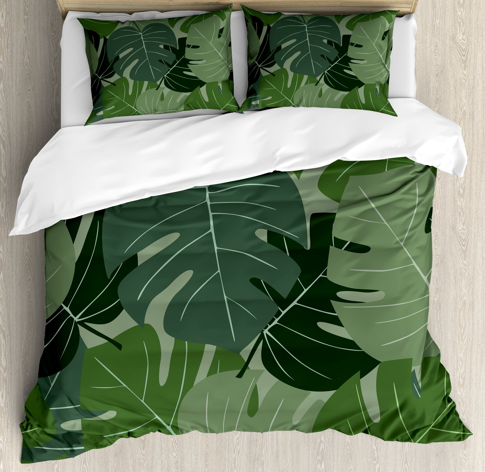 Ambesonne Forest Green Duvet Cover Set - Camouflage Palm Leaves Tropical Nature Design, 3-Piece Bedding Set with 2 Pillow Shams, Queen Size in Sage & Pale Green | Perfect for Jungle-Themed Bedrooms, Boho Decor & Nature-Inspired Home Styling