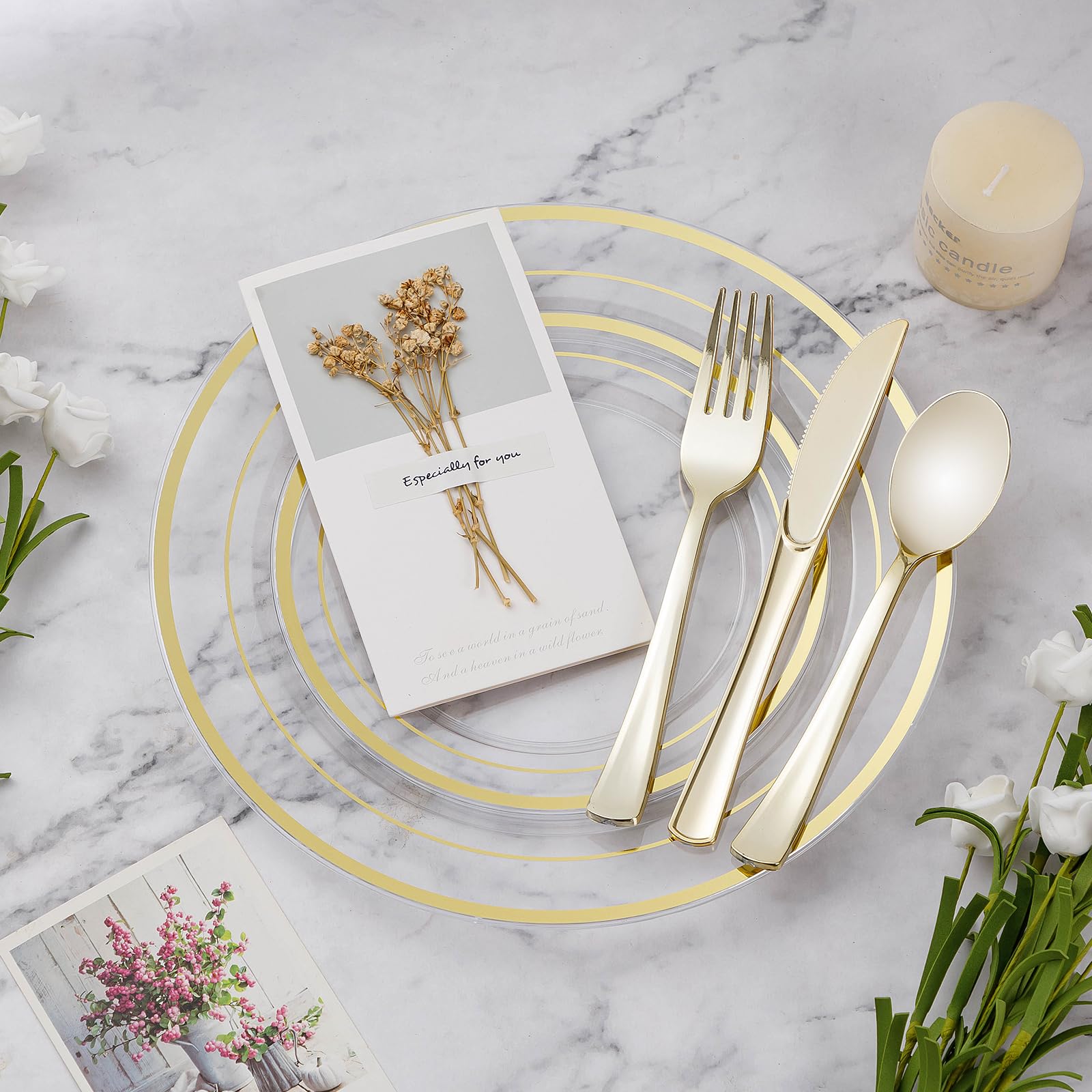 600-Piece Clear Gold Plastic Dinnerware Set for 100 Guests - Disposable Plates, Dessert Plates, Cups, Spoons, Forks & Knives - Perfect for Parties, Christmas, New Year & Special Events