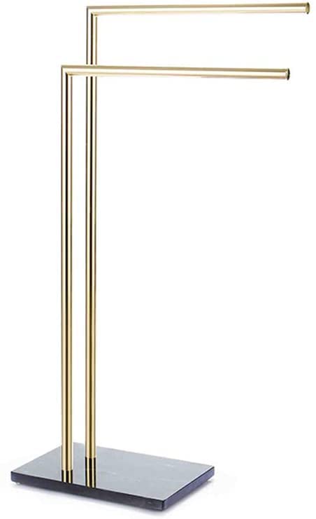 Modern Freestanding Towel Rack - Double L Shape Metal Brass Towel Holder with Marble Base | 31.5 Inch Bathroom & Kitchen Towel Drying Stand | Perfect for Spa, Guest Bath, or Luxury Home Decor