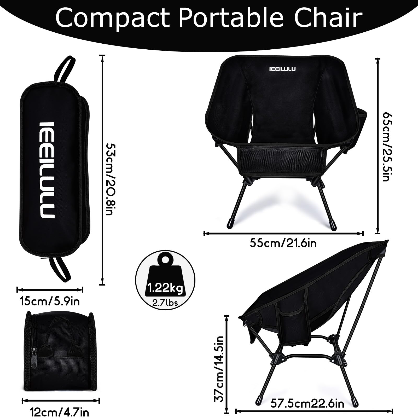Ultralight Foldable Camping Chair with 3 Side Pockets - Portable Folding Chair for Outdoor, Beach, Picnic & Travel - Sturdy Back Support for Camping, Backpacking, and Tailgating