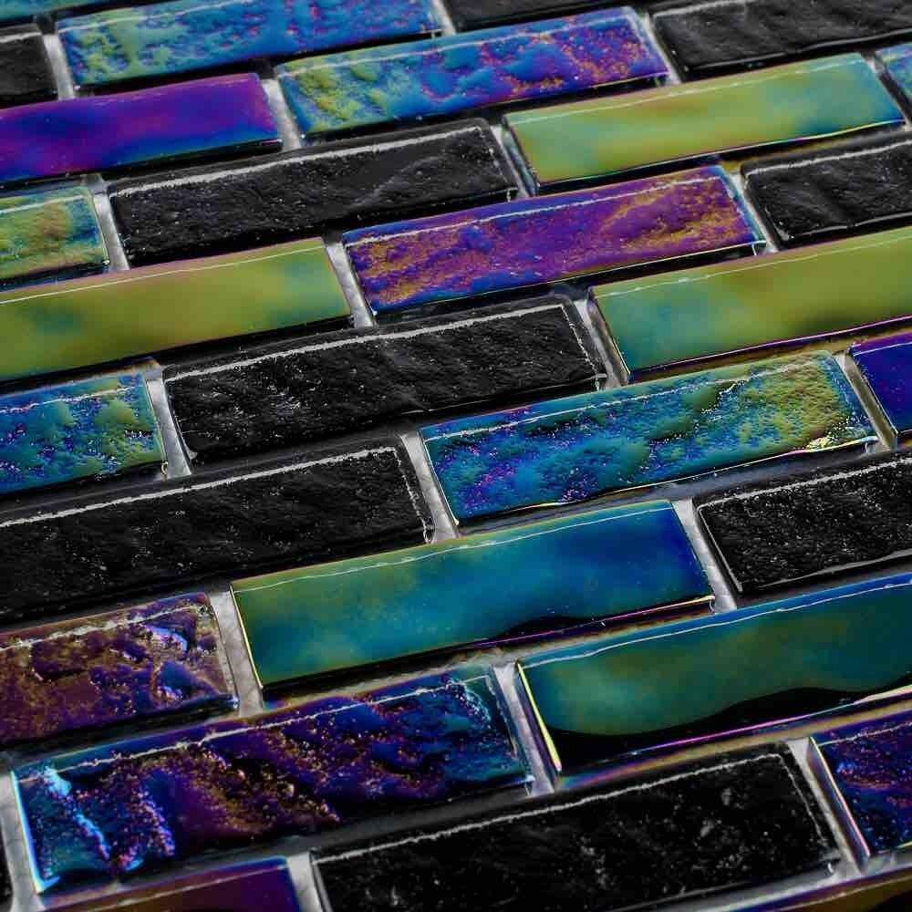 Iridescent Glass Tile - 1x3 Inch Black Mosaic Tiles for Summer Home Decor, Kitchen Backsplash, Bathroom Wall, and DIY Craft Projects