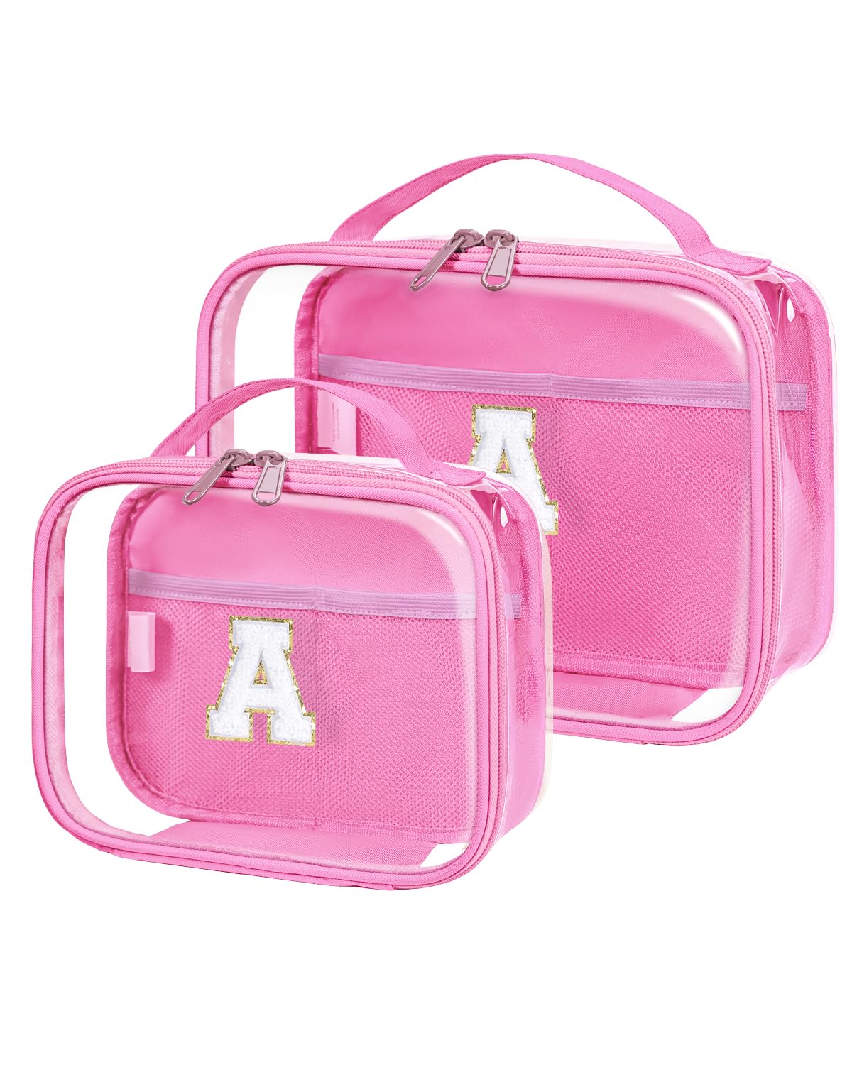 Wandering Nature Clear Makeup Bags 2 Pack - Personalized Initial Cosmetic Pouch Organizer for Travel | Preppy Small Toiletry Bag | Perfect Birthday Gift for Women & Girlfriend | Ideal for Travel, Gym & Daily Makeup Storage