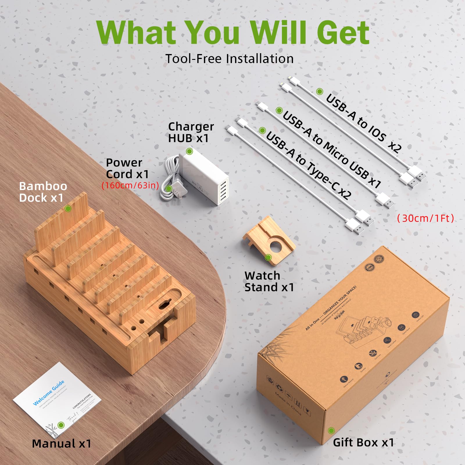 Bamboo Charging Station with 5 USB Ports & Cables - Phone, Tablet, Watch Organizer for Office & Home